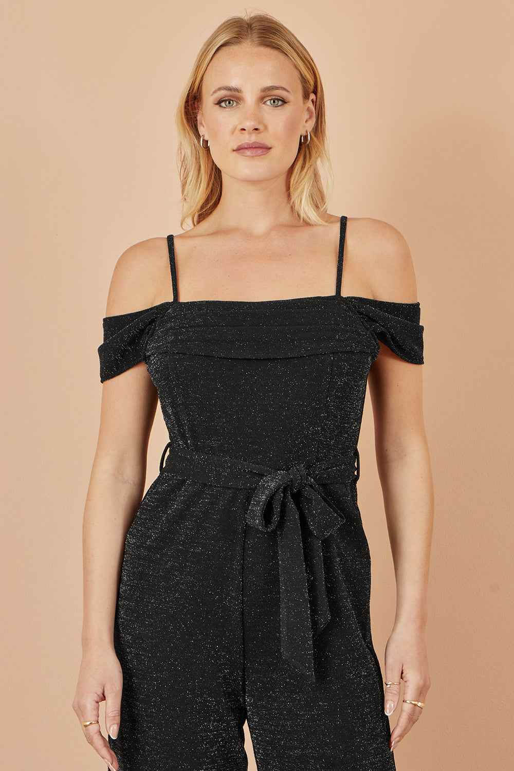 Yumi Black Sparkle Stretch Bardot Jumpsuit