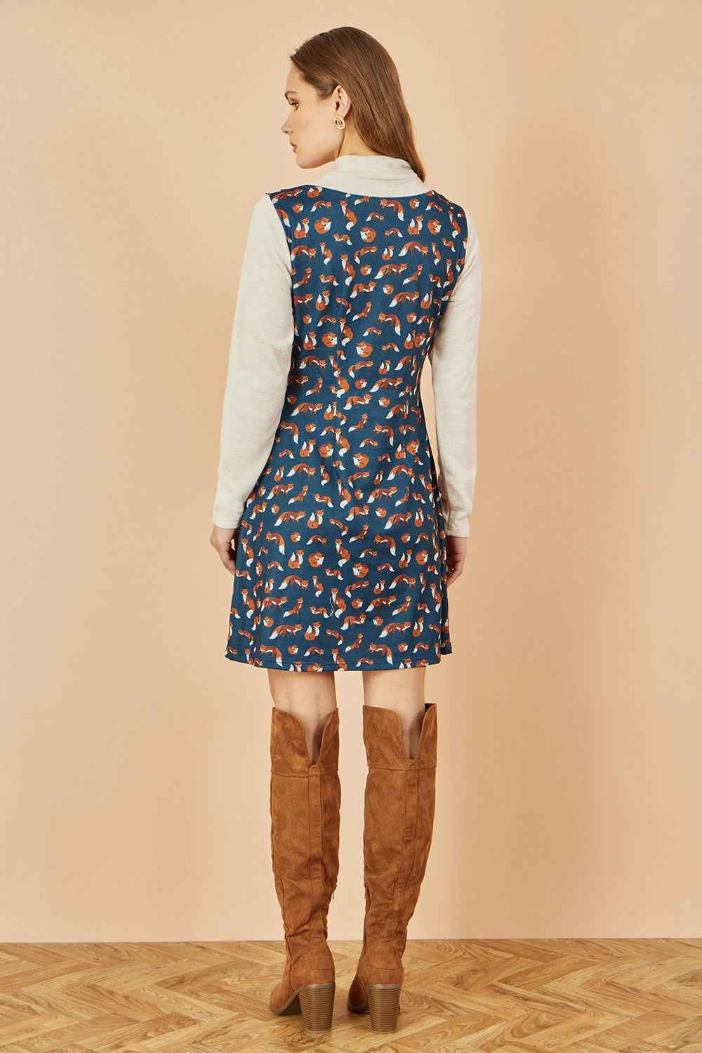 Yumi Navy Fox Long Sleeve Layered Tunic Dress With Front Pocket