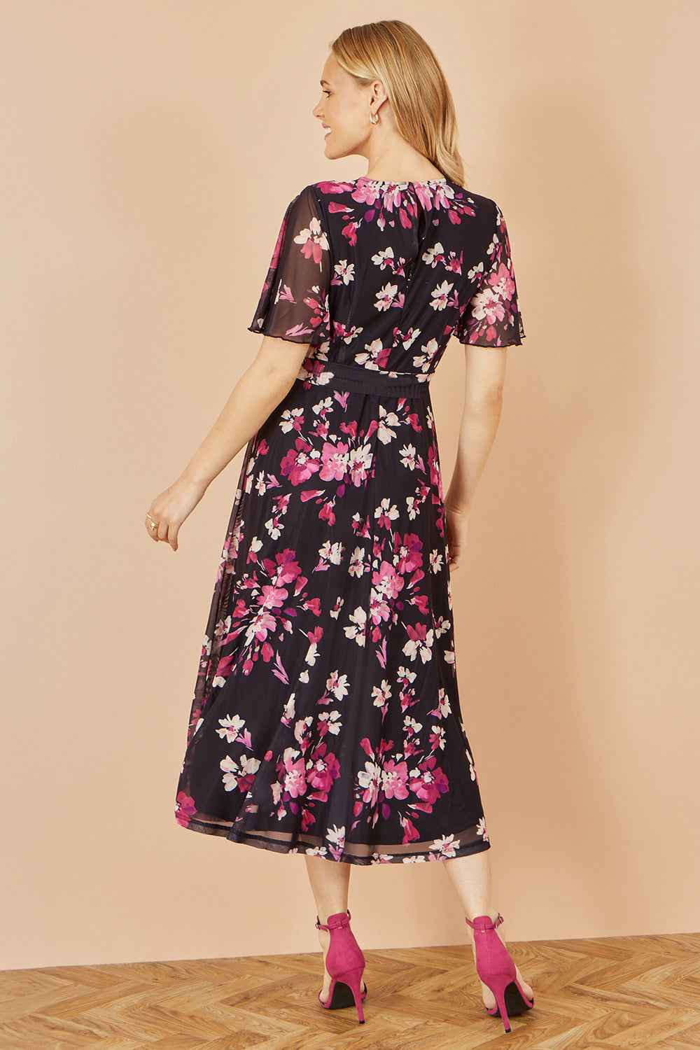 Yumi Black Mesh Skater Floral Midi Dress