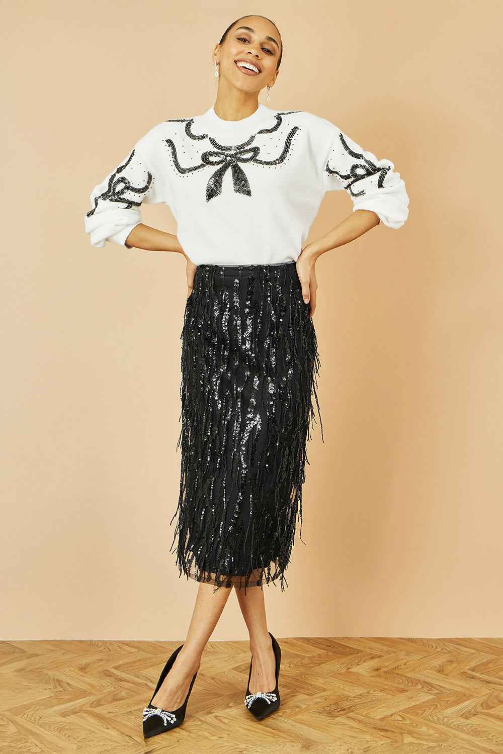 Yumi Black Hanging Sequin Fitted Midi Skirt