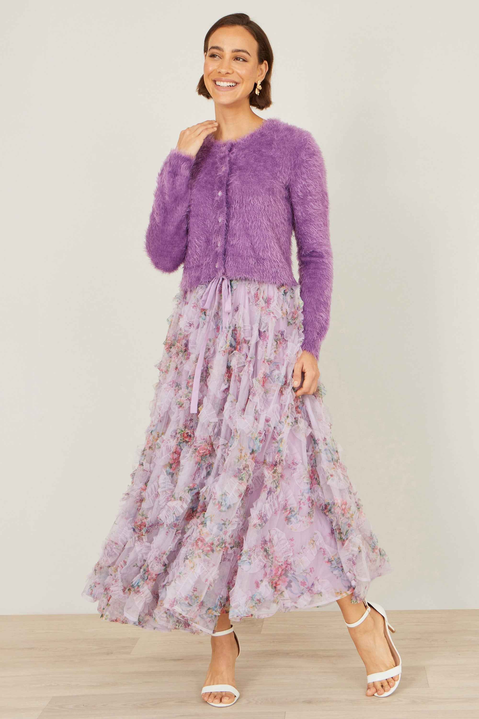 Yumi Lavender Eyelash Knit Cropped Cardigan