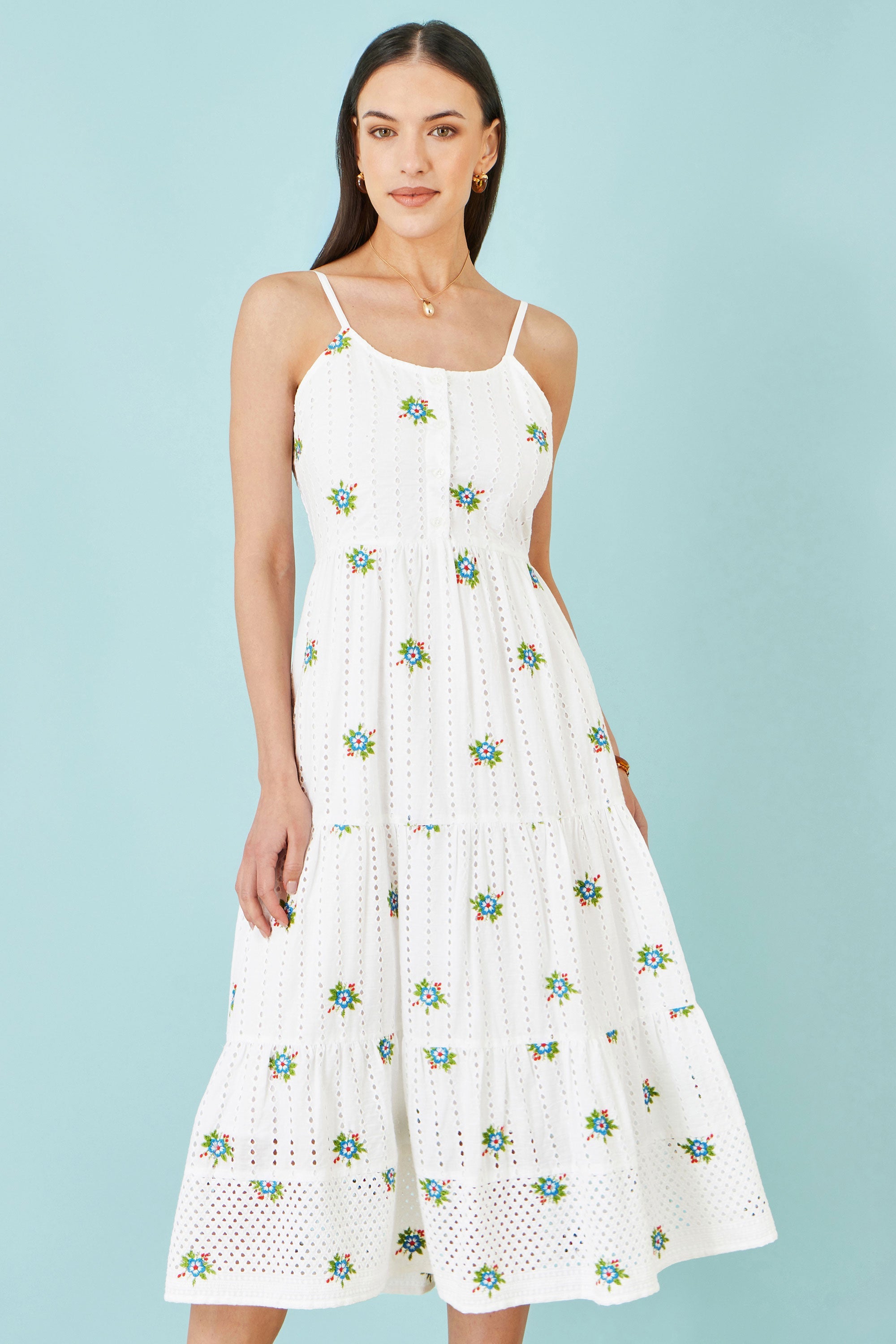 Yumi White Cotton Embroidered Broderie Anglaise Midi Sun Dress