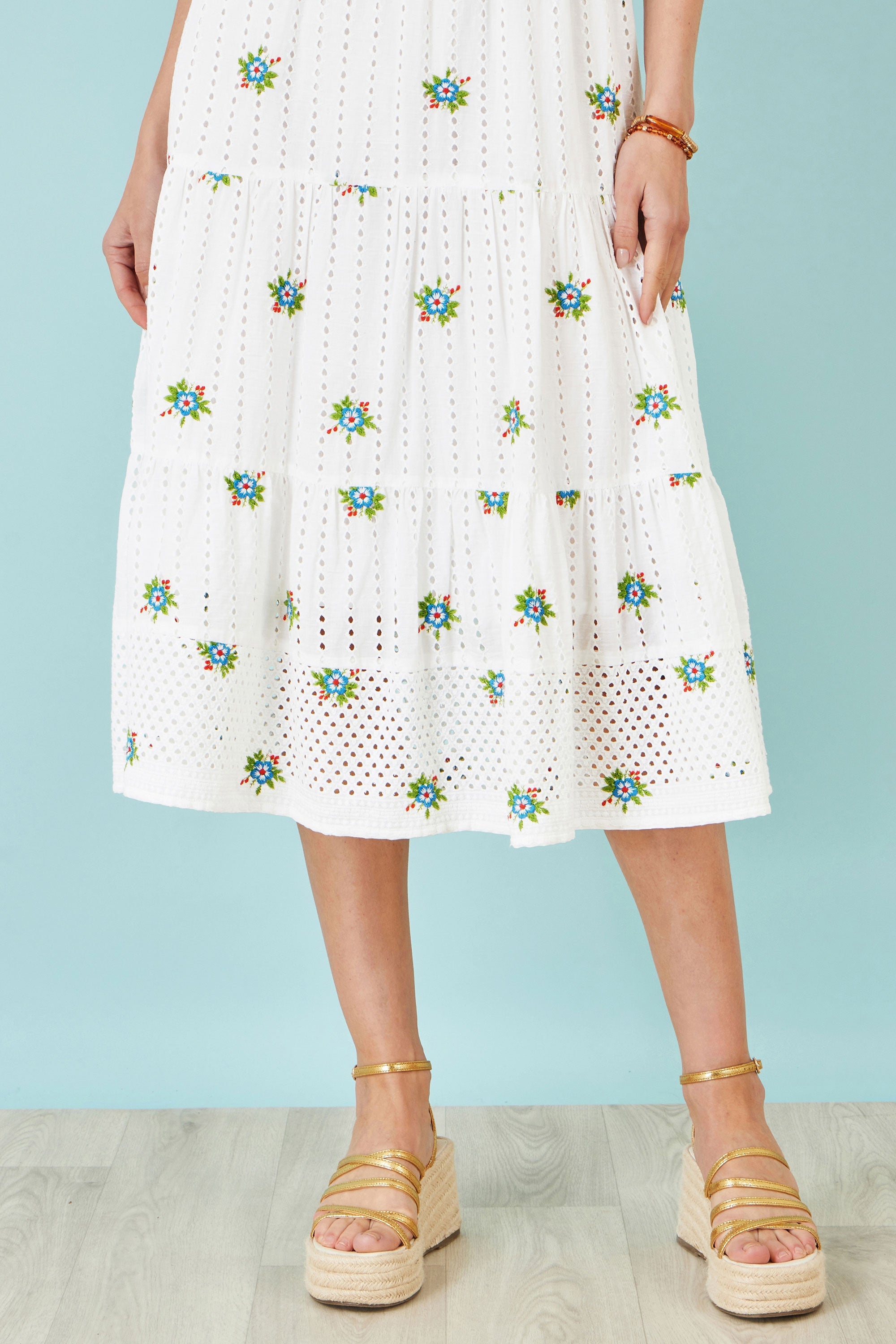 Yumi White Cotton Embroidered Broderie Anglaise Midi Sun Dress