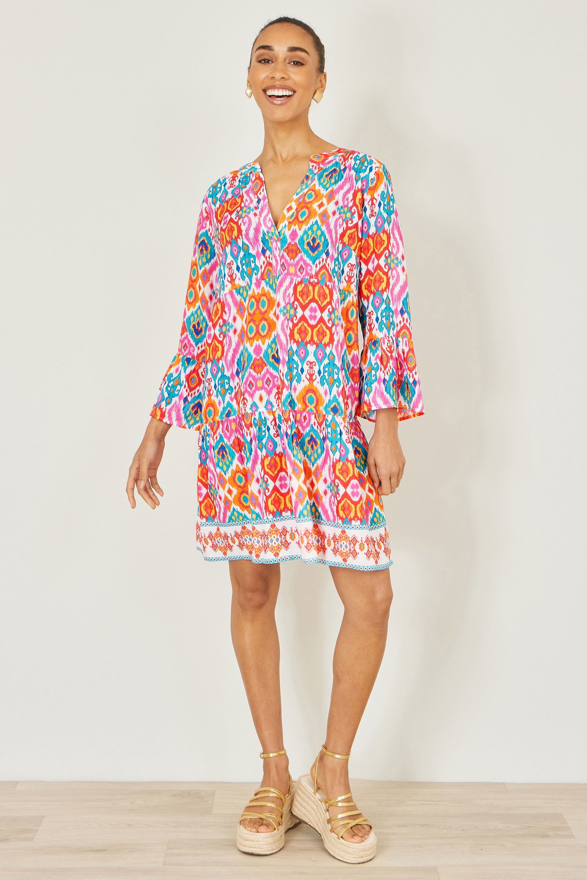 Yumi Multicolour Ikat Print Viscose Beach Tunic