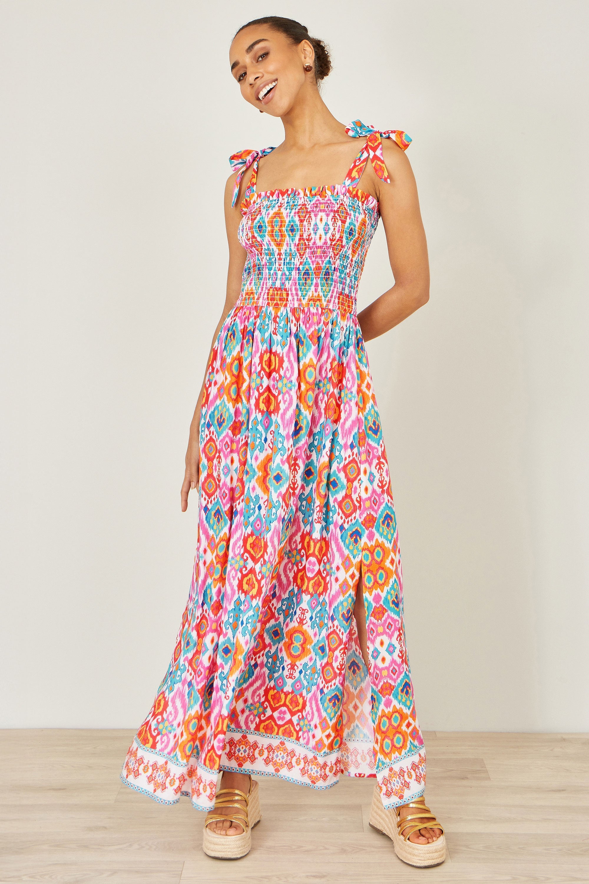 Yumi Multicolour Ikat Print Maxi Viscose Sun Dress