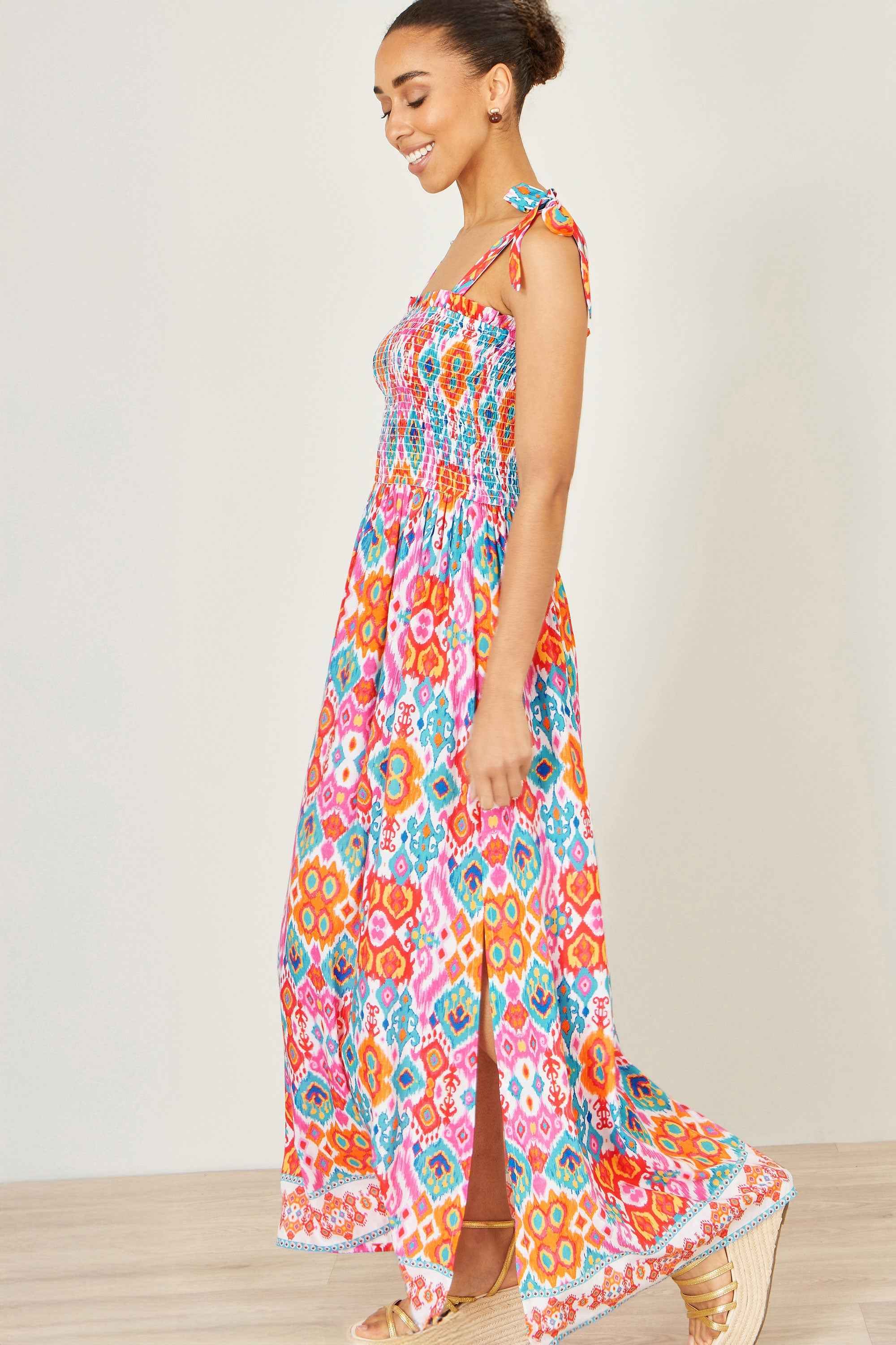 Yumi Multicolour Ikat Print Maxi Viscose Sun Dress