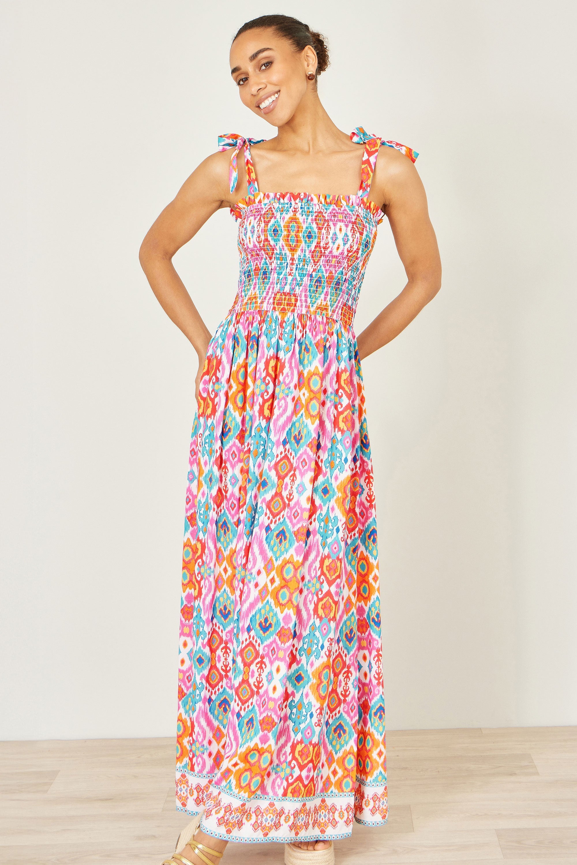 Yumi Multicolour Ikat Print Maxi Viscose Sun Dress