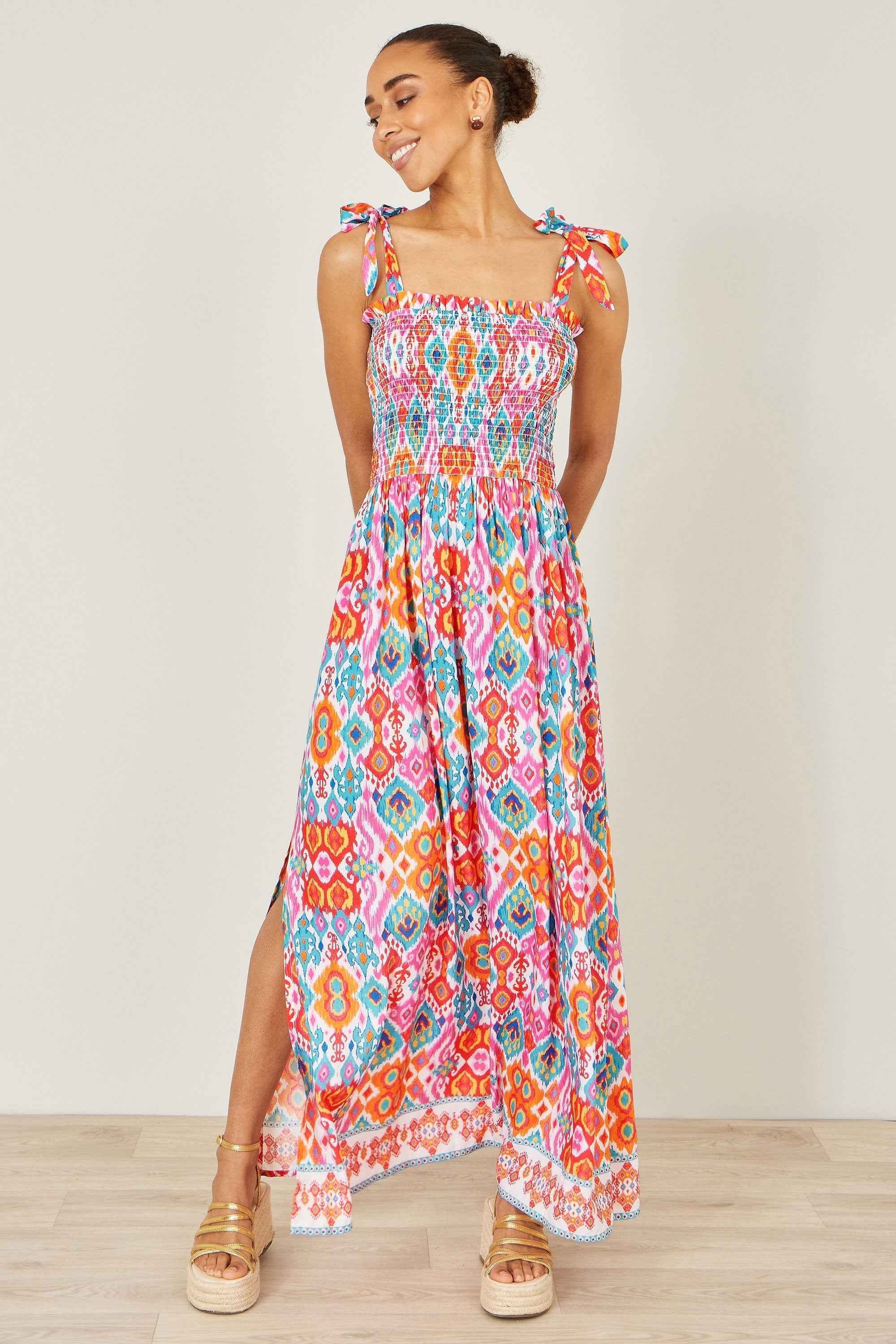Yumi Multicolour Ikat Print Maxi Viscose Sun Dress