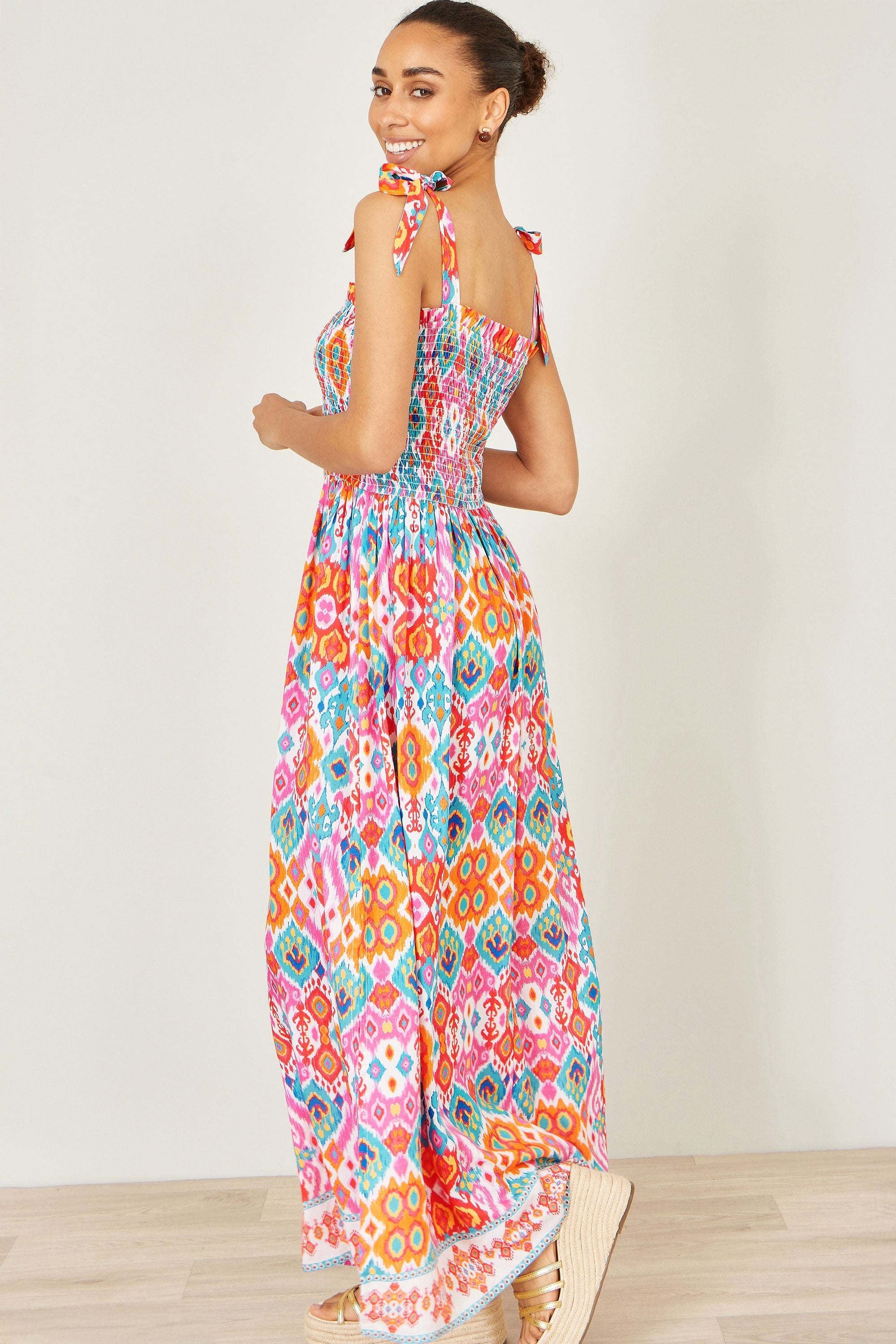Yumi Multicolour Ikat Print Maxi Viscose Sun Dress