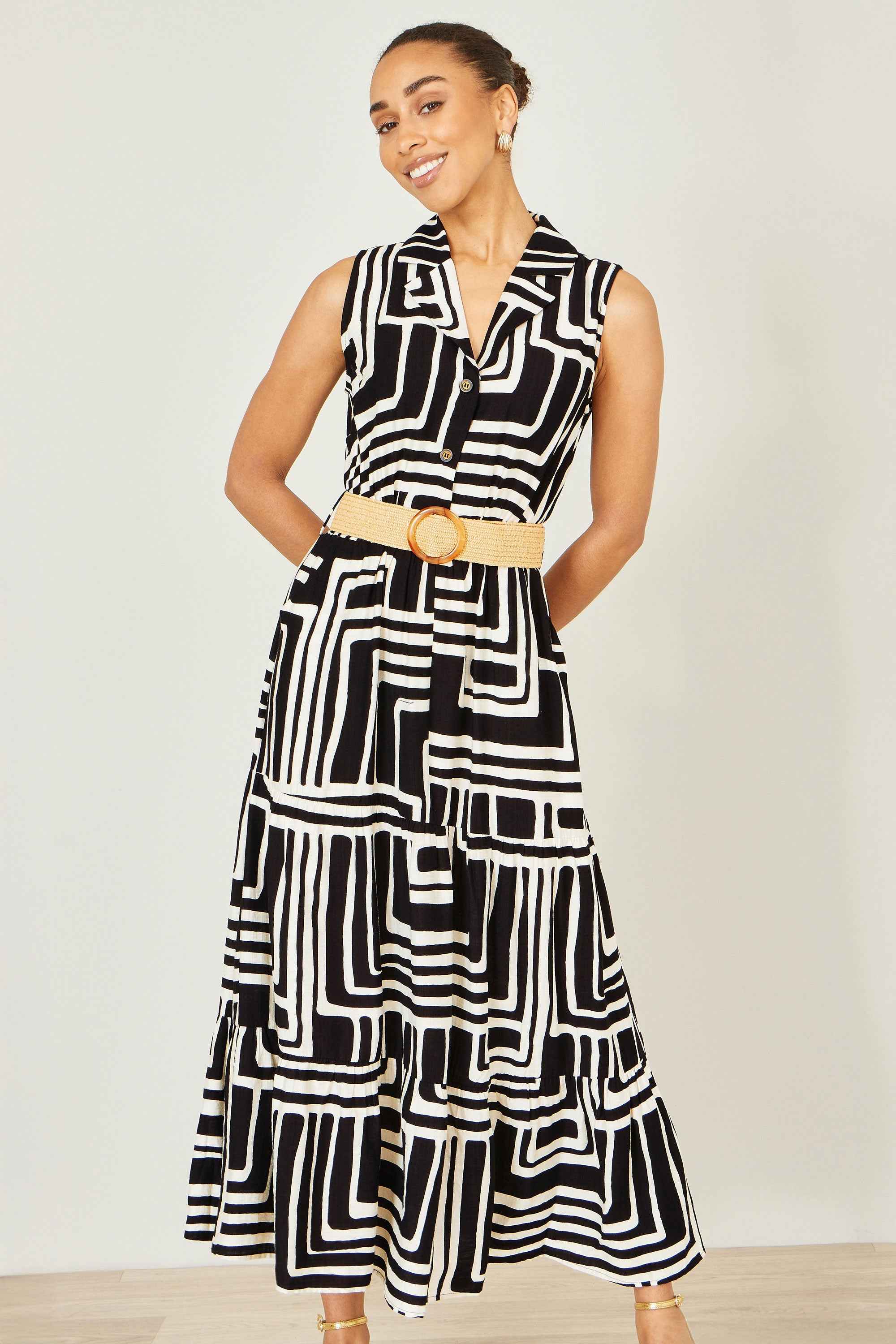 Yumi Black Viscose Geo Print Midi Shirt Dress With Matching Belt