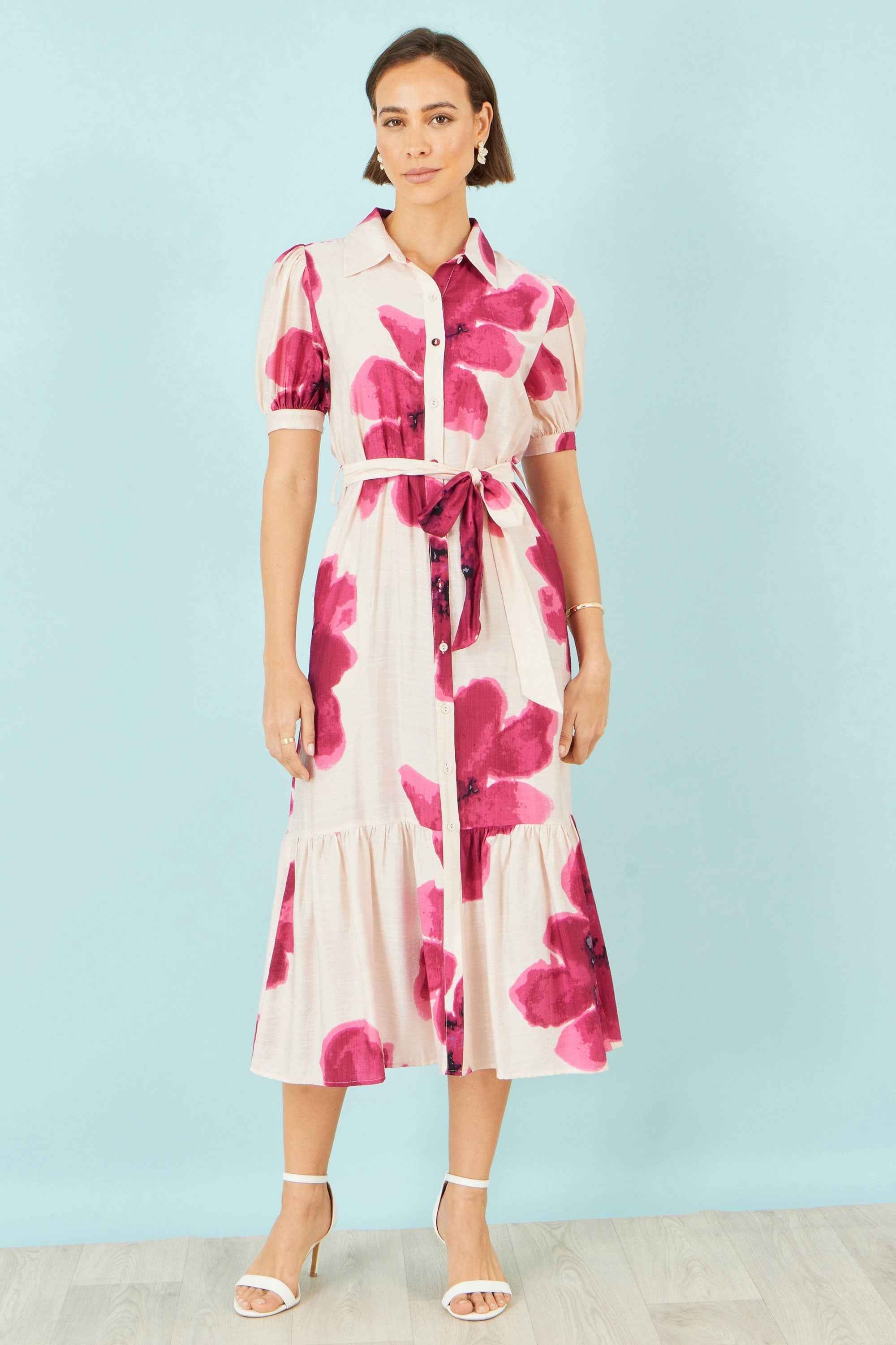Yumi Pink Scattered Floral Shirt Dress