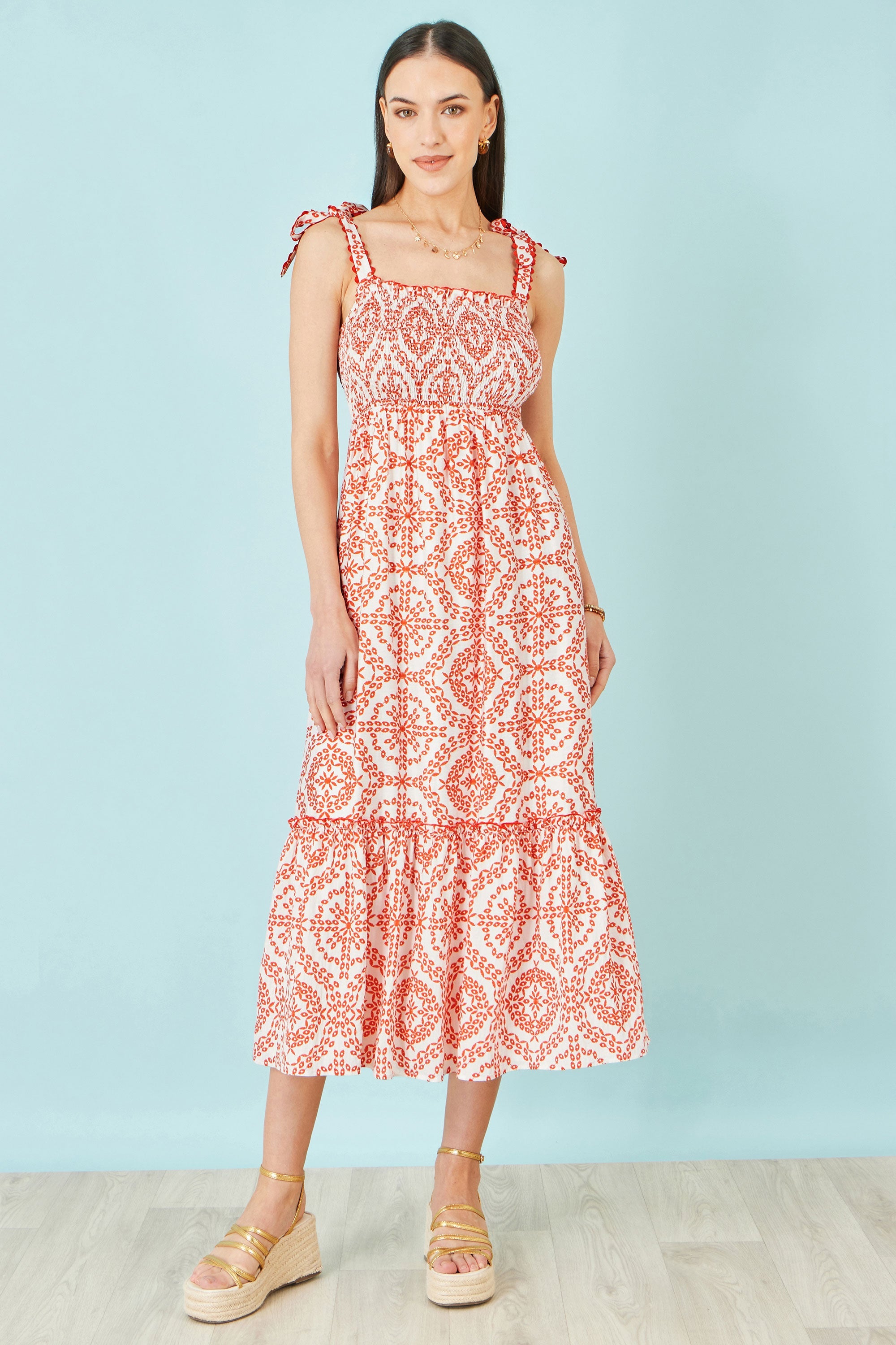 Yumi Red Viscose Ruched Tie Strap Midi Sun Dress