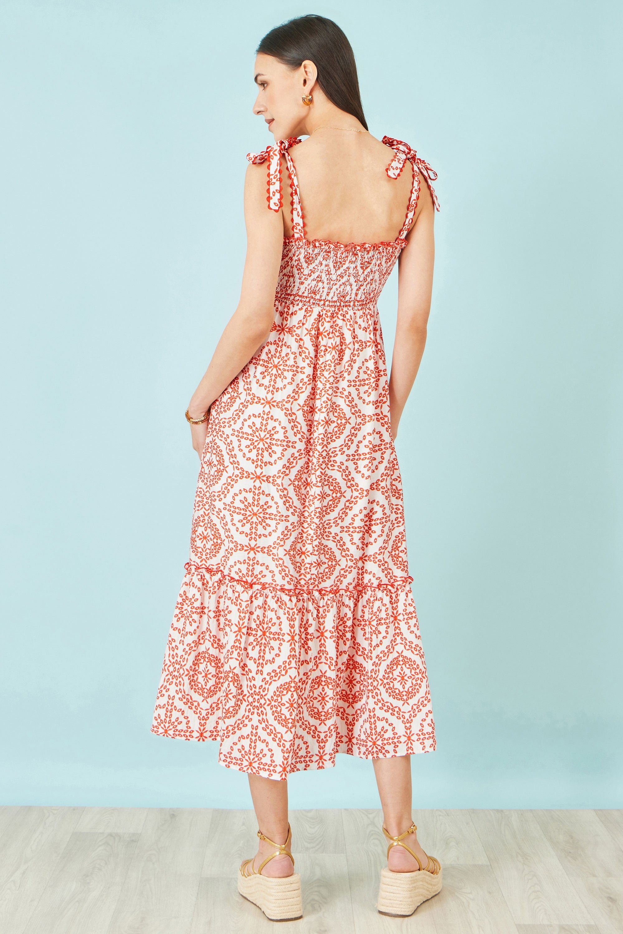 Yumi Red Viscose Ruched Tie Strap Midi Sun Dress