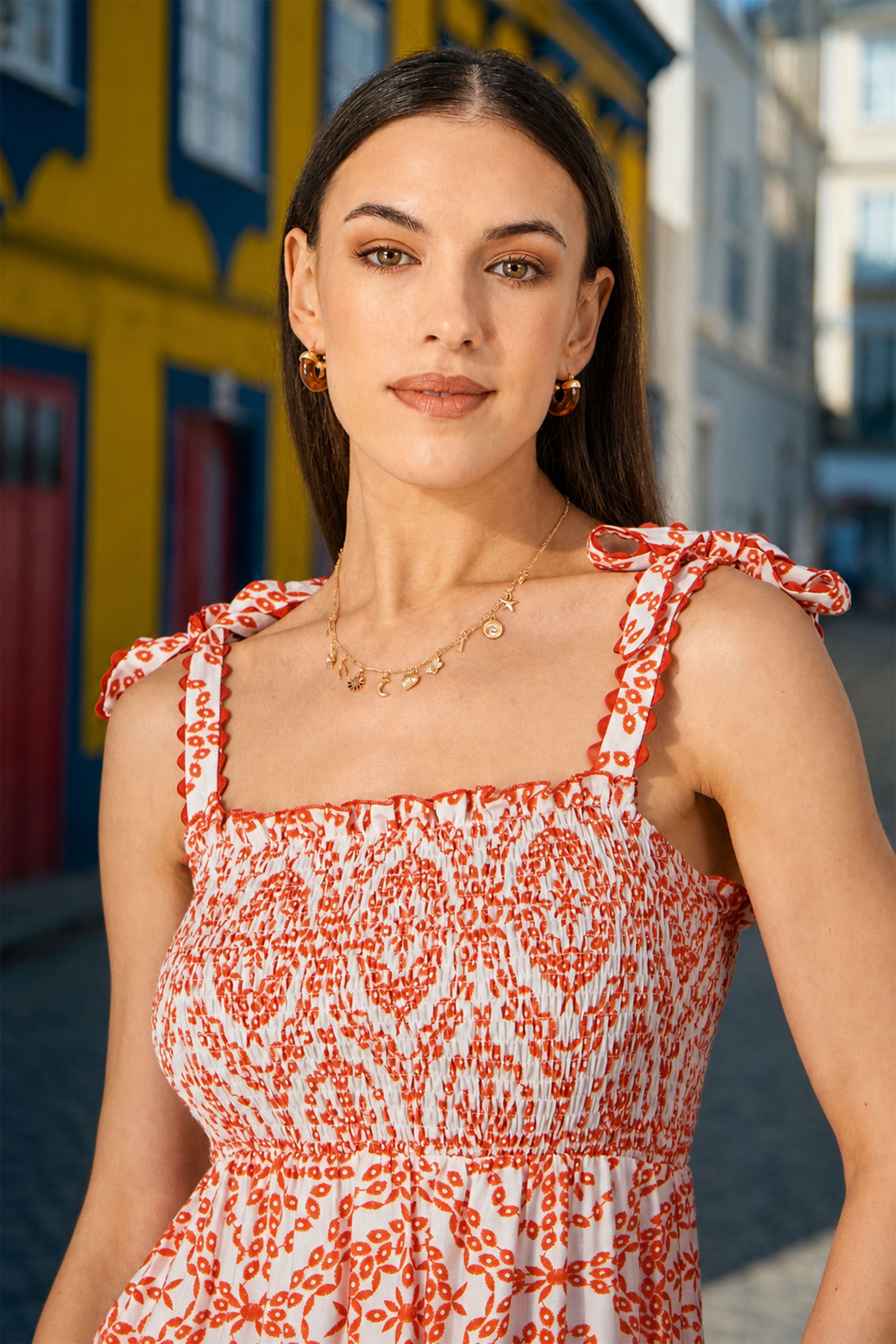 Yumi Red Viscose Ruched Tie Strap Midi Sun Dress