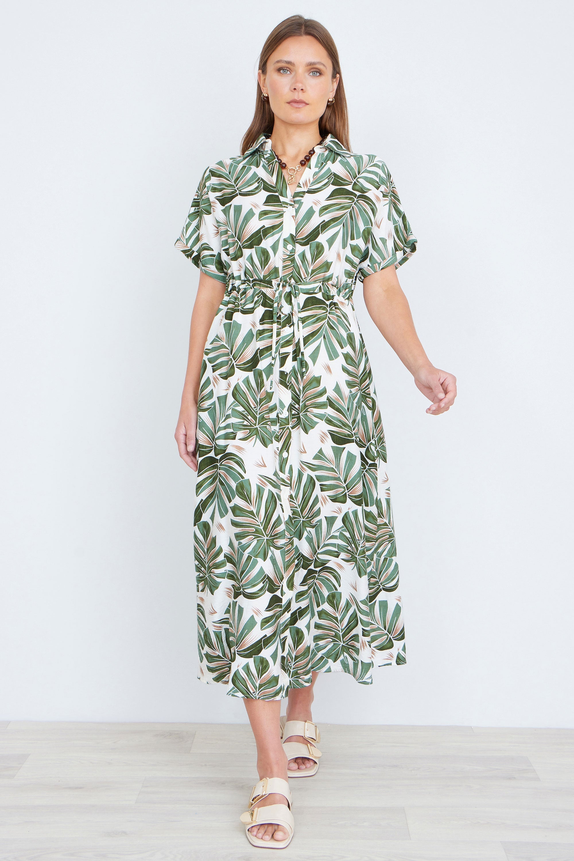 Yumi Green Viscose Leaf Print Relaxed Midi Dress