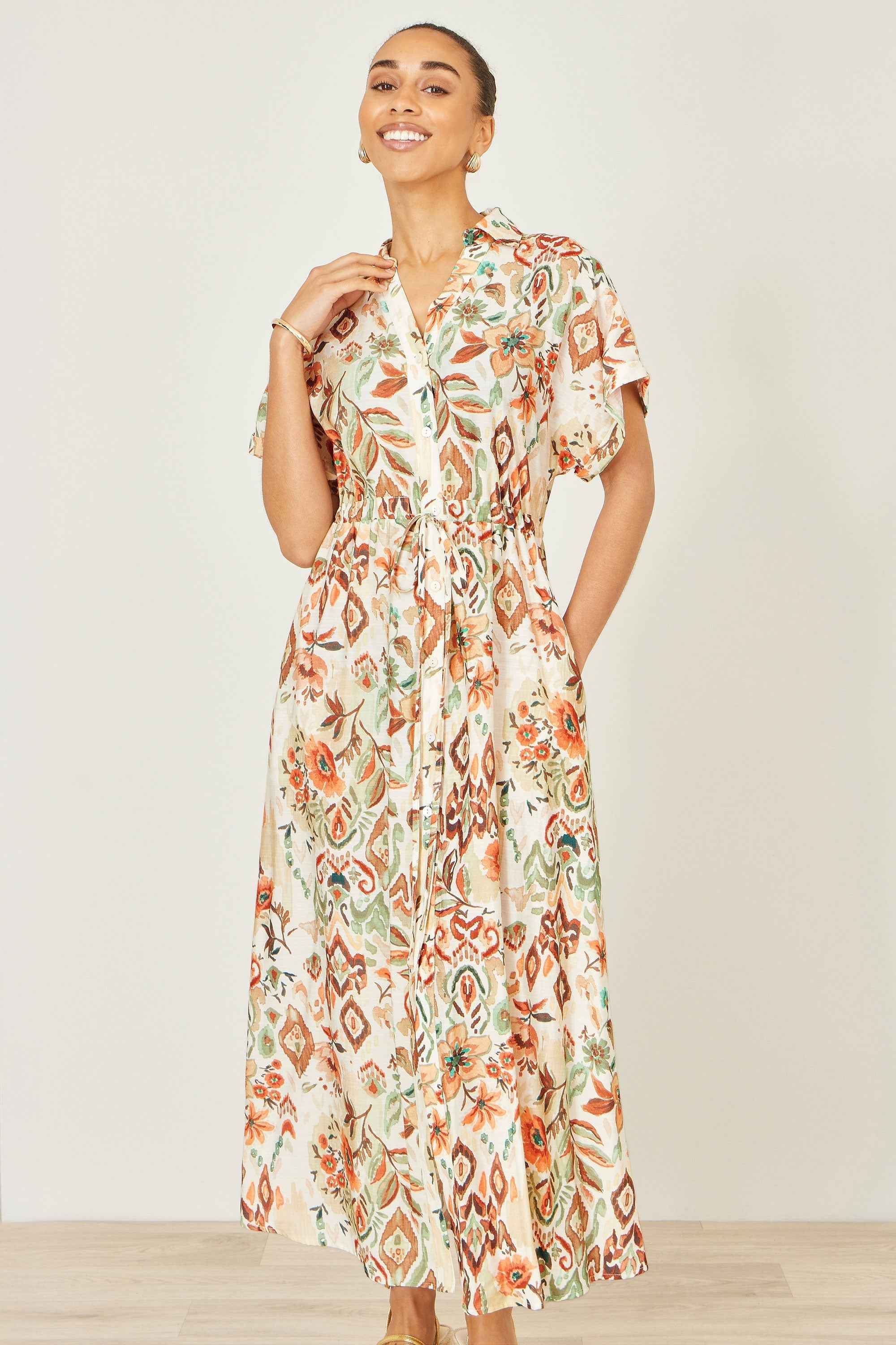 Yumi Ivory Viscose Relaxed Boho Print Maxi Shirt Dress