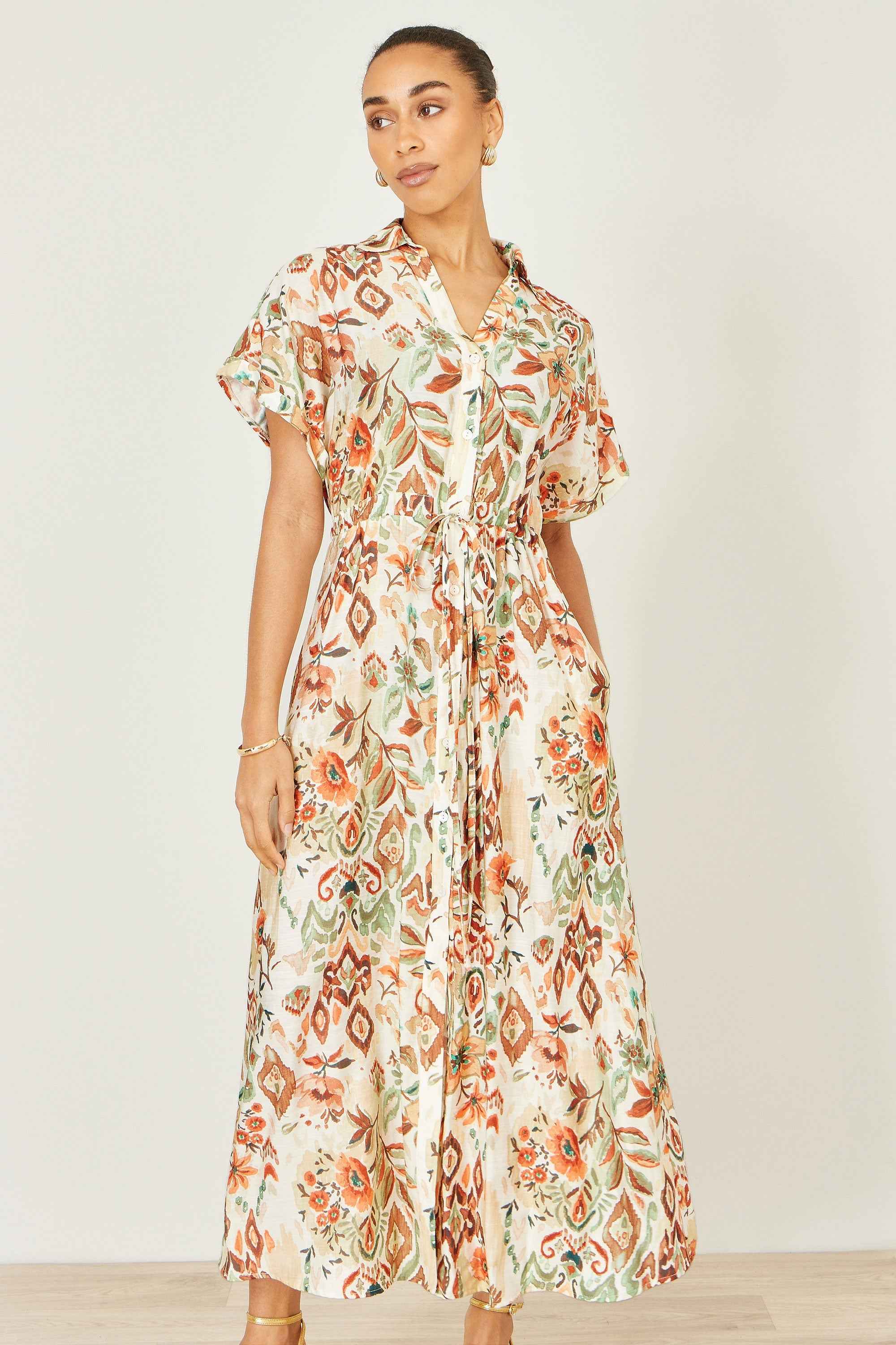 Yumi Ivory Viscose Relaxed Boho Print Maxi Shirt Dress