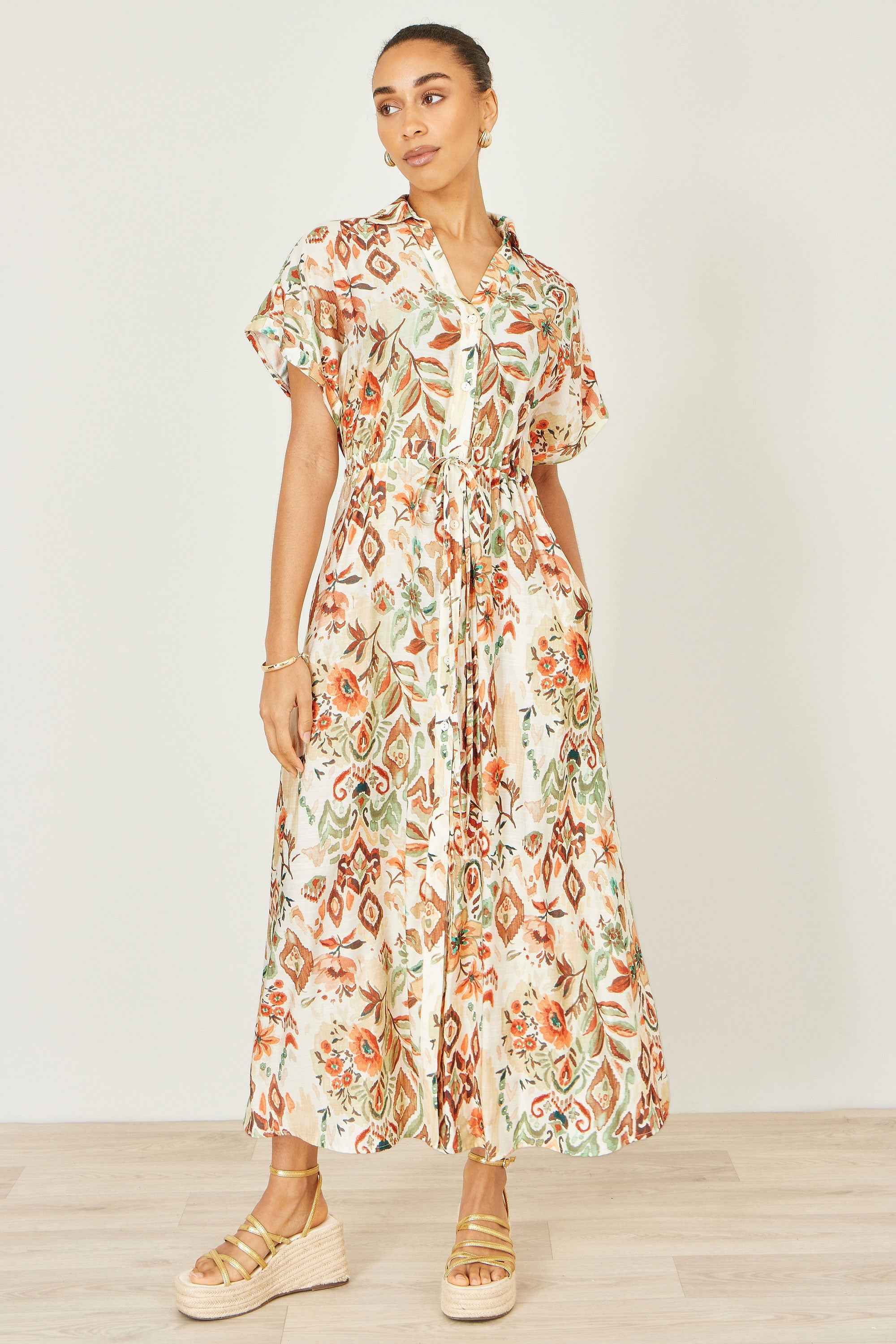 Yumi Ivory Viscose Relaxed Boho Print Maxi Shirt Dress