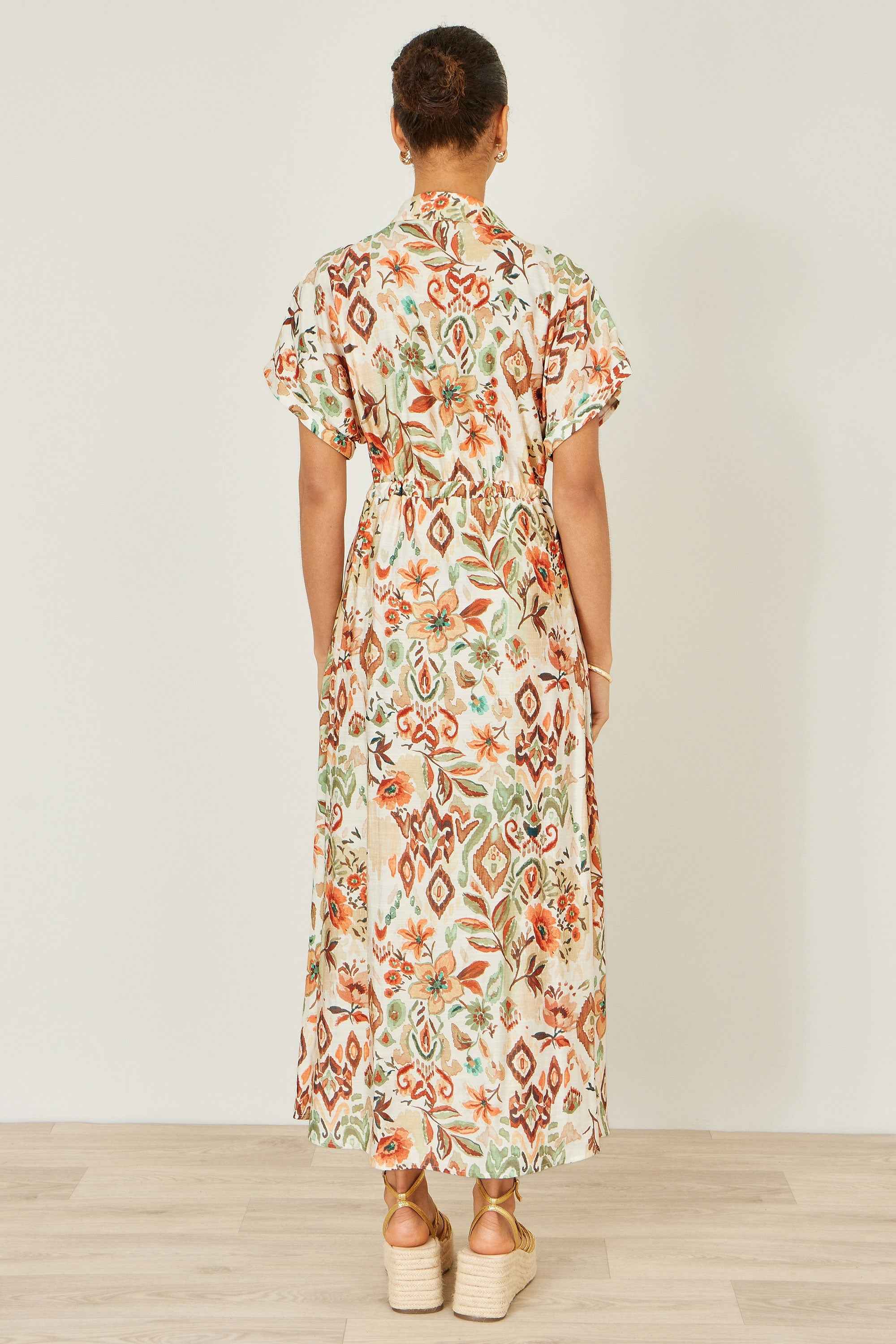 Yumi Ivory Viscose Relaxed Boho Print Maxi Shirt Dress