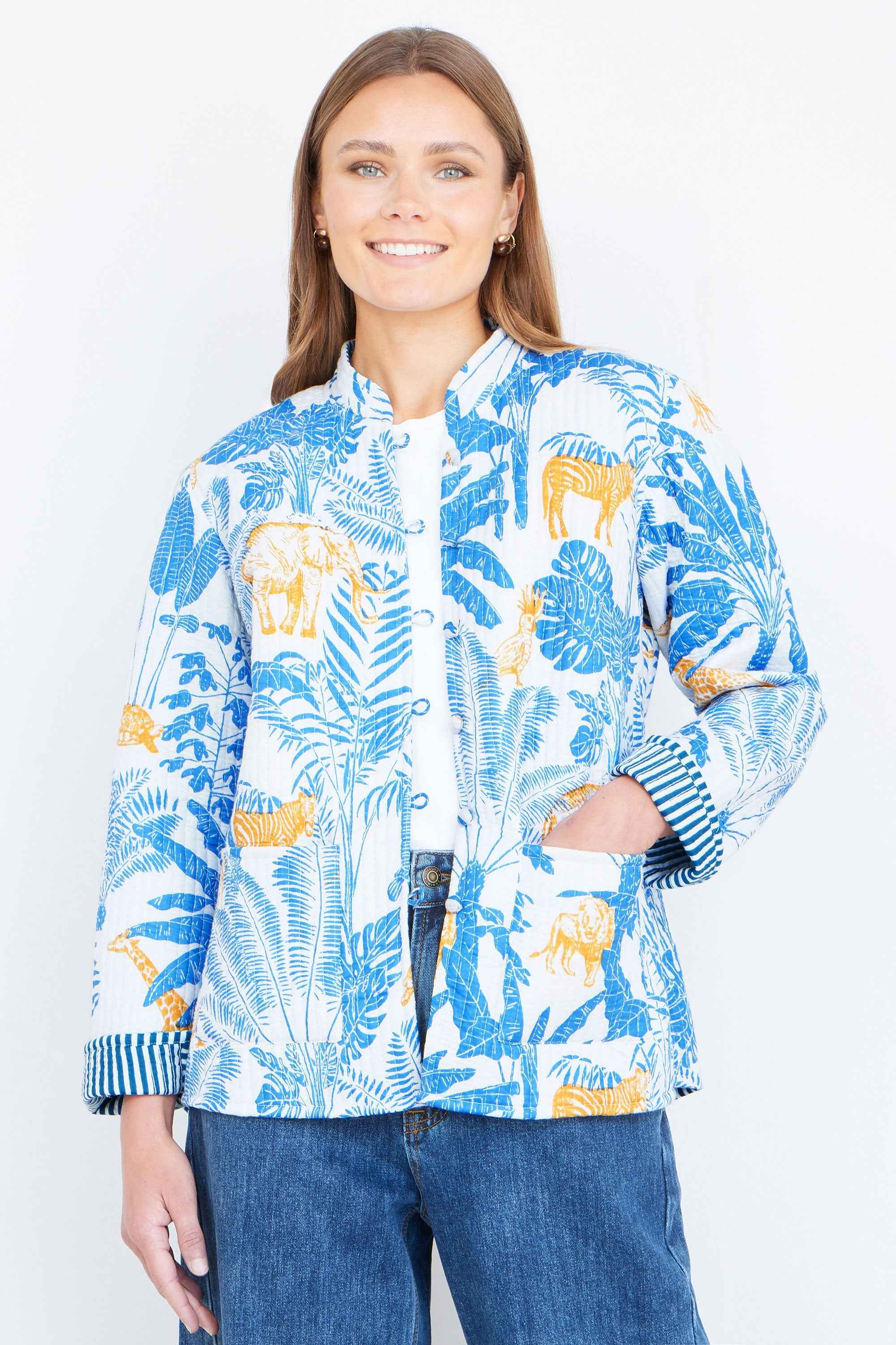 Yumi Blue Jungle Reversible Cotton Quilted Jacket