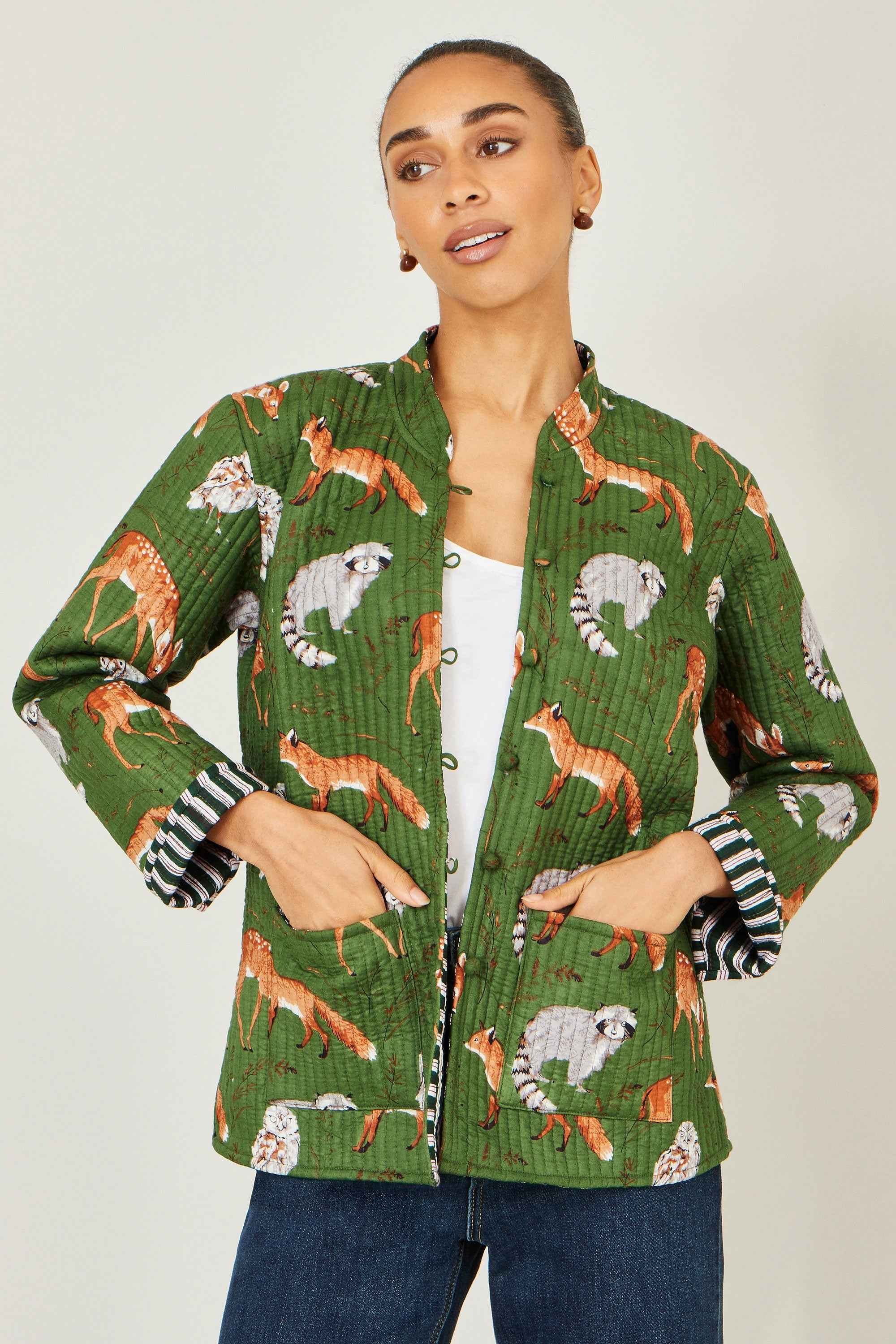 Yumi Green Fox Print Reversible Cotton Quilted Jacket