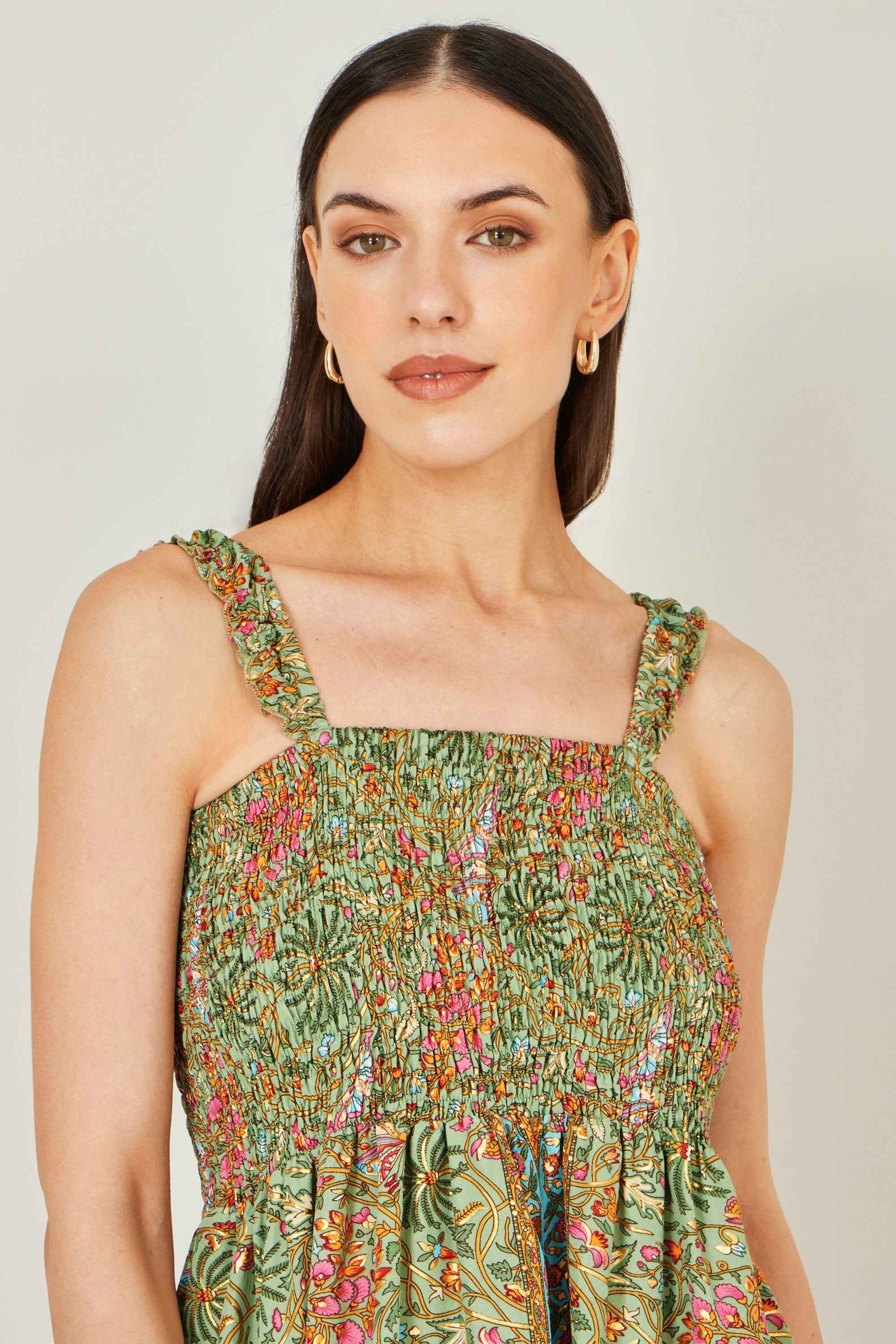 Yumi Green Foil Palm Print Ruched Maxi Dress With Border Detail