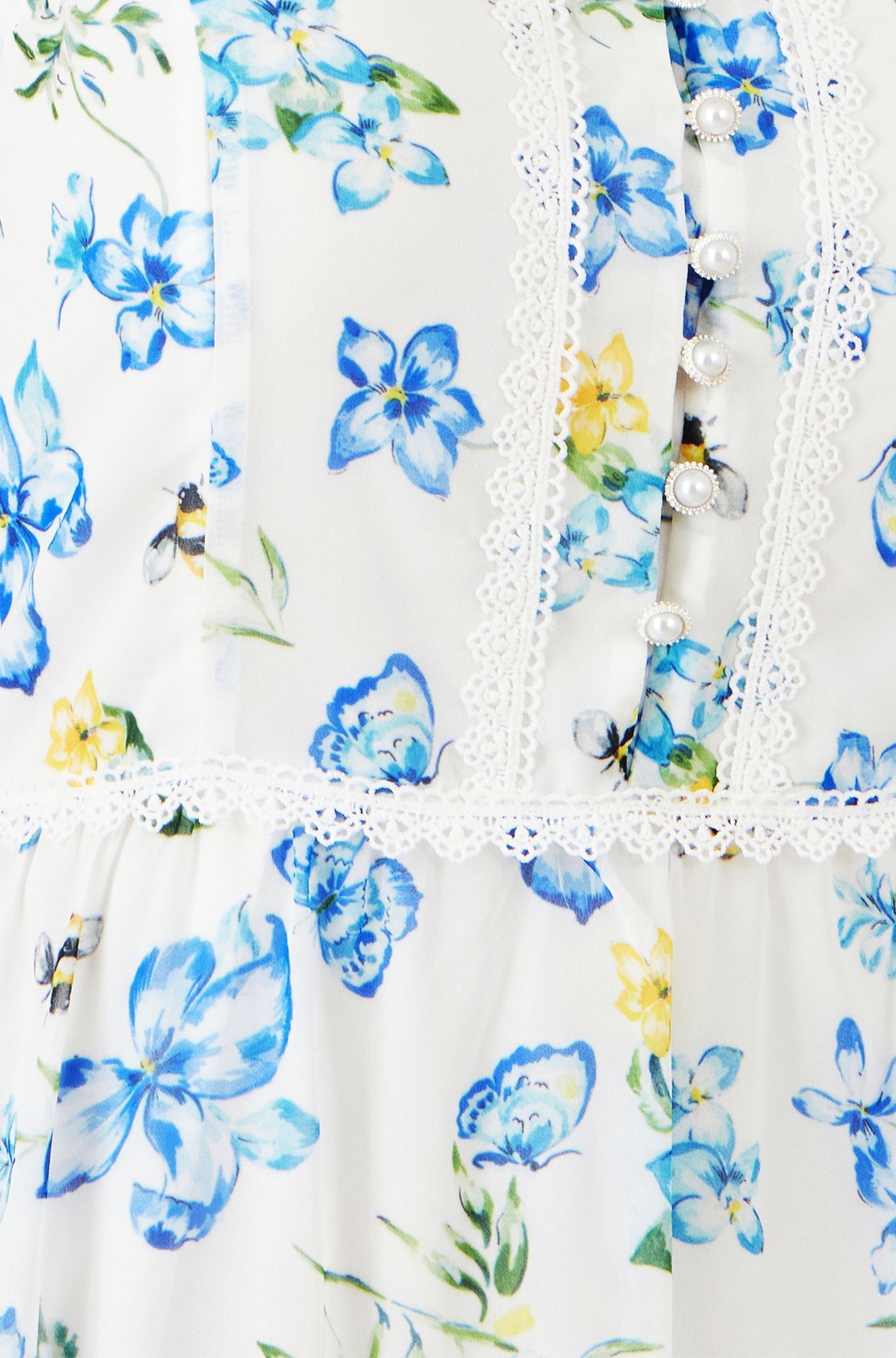 Yumi White Butterfly Print Lace Trim Maxi Dress