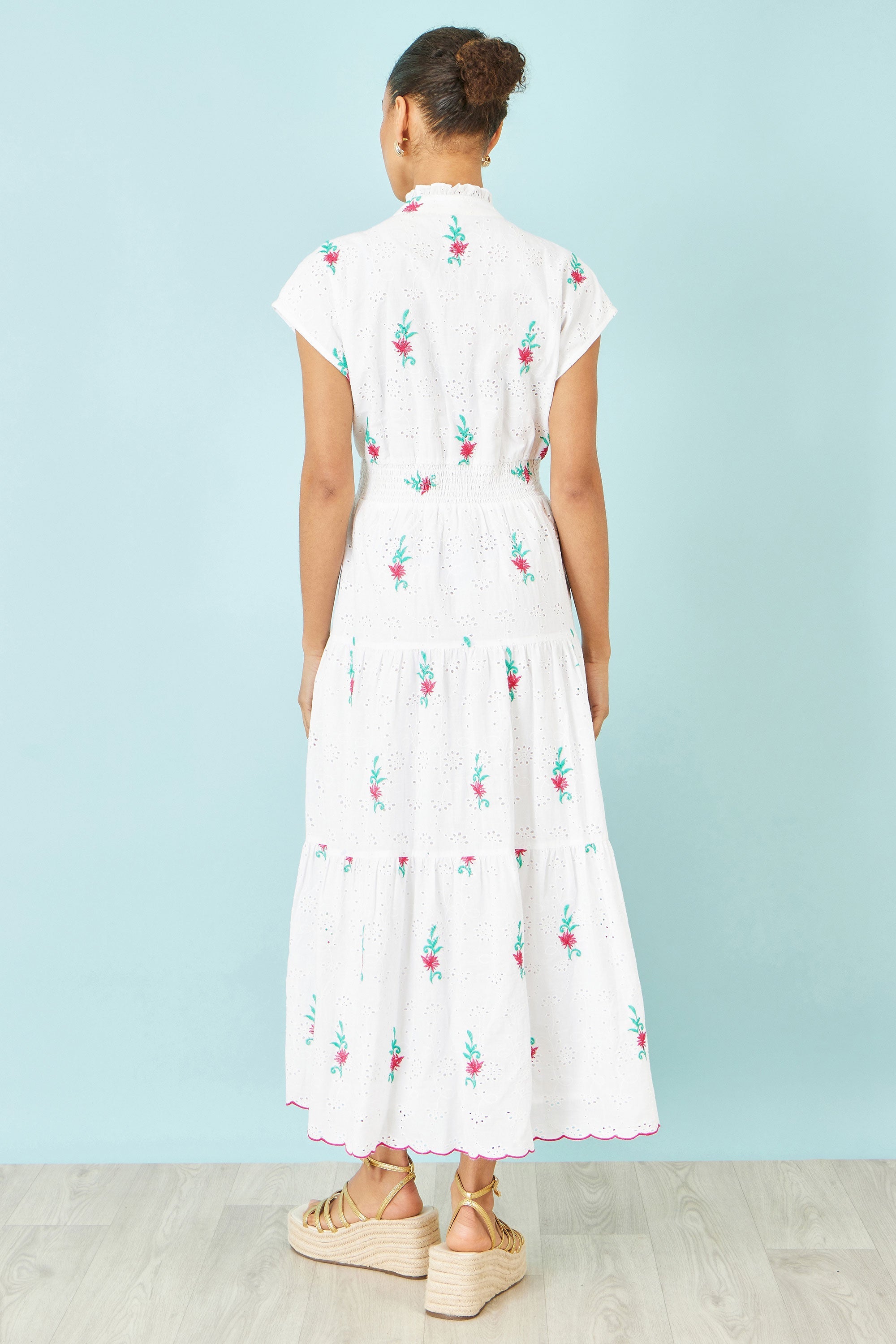 Yumi White Cotton Broderie Anglaise Embroidered Midi Dress