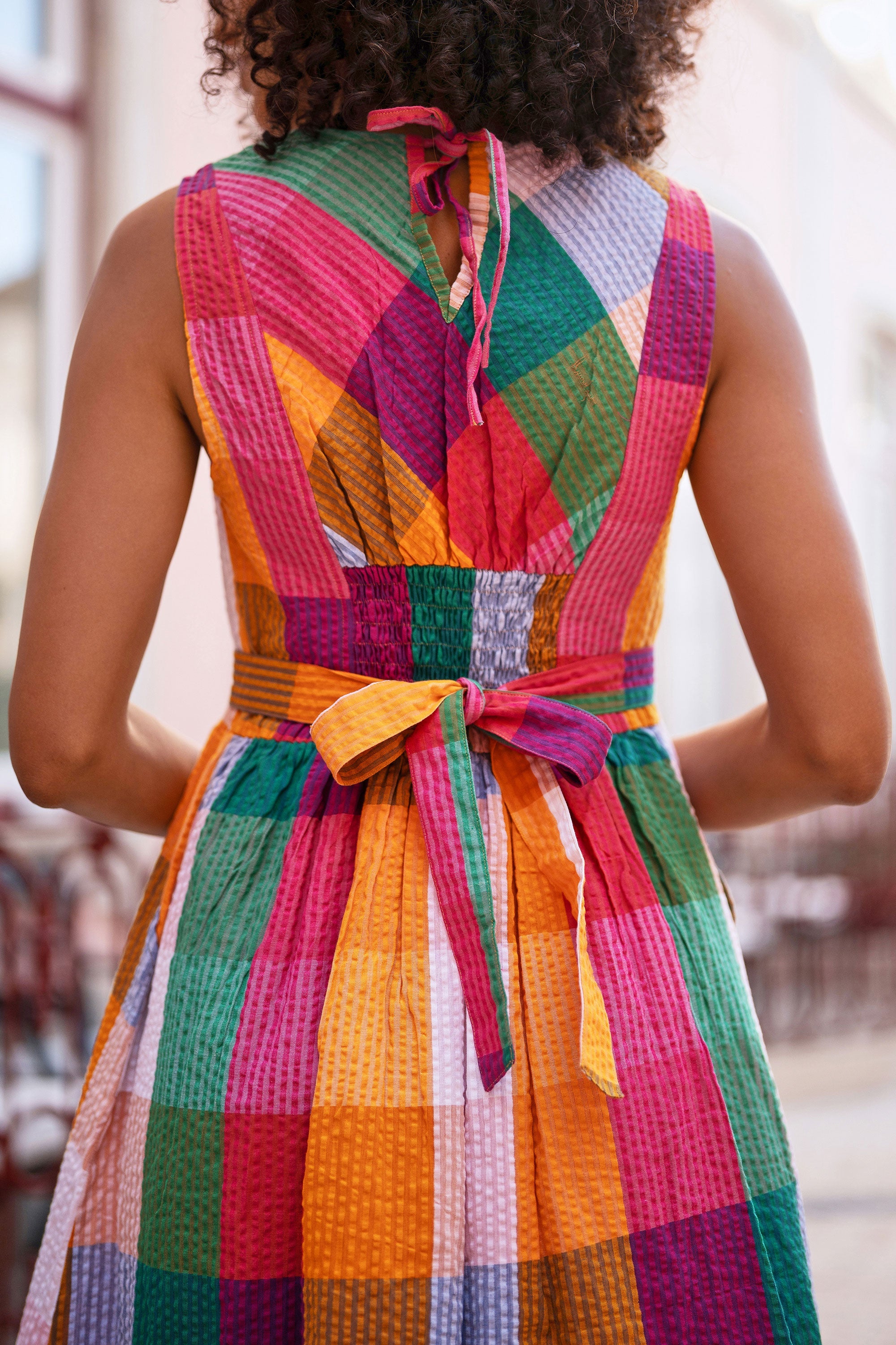 Yumi Multicolour Seersucker Cotton Midi Sun Dress