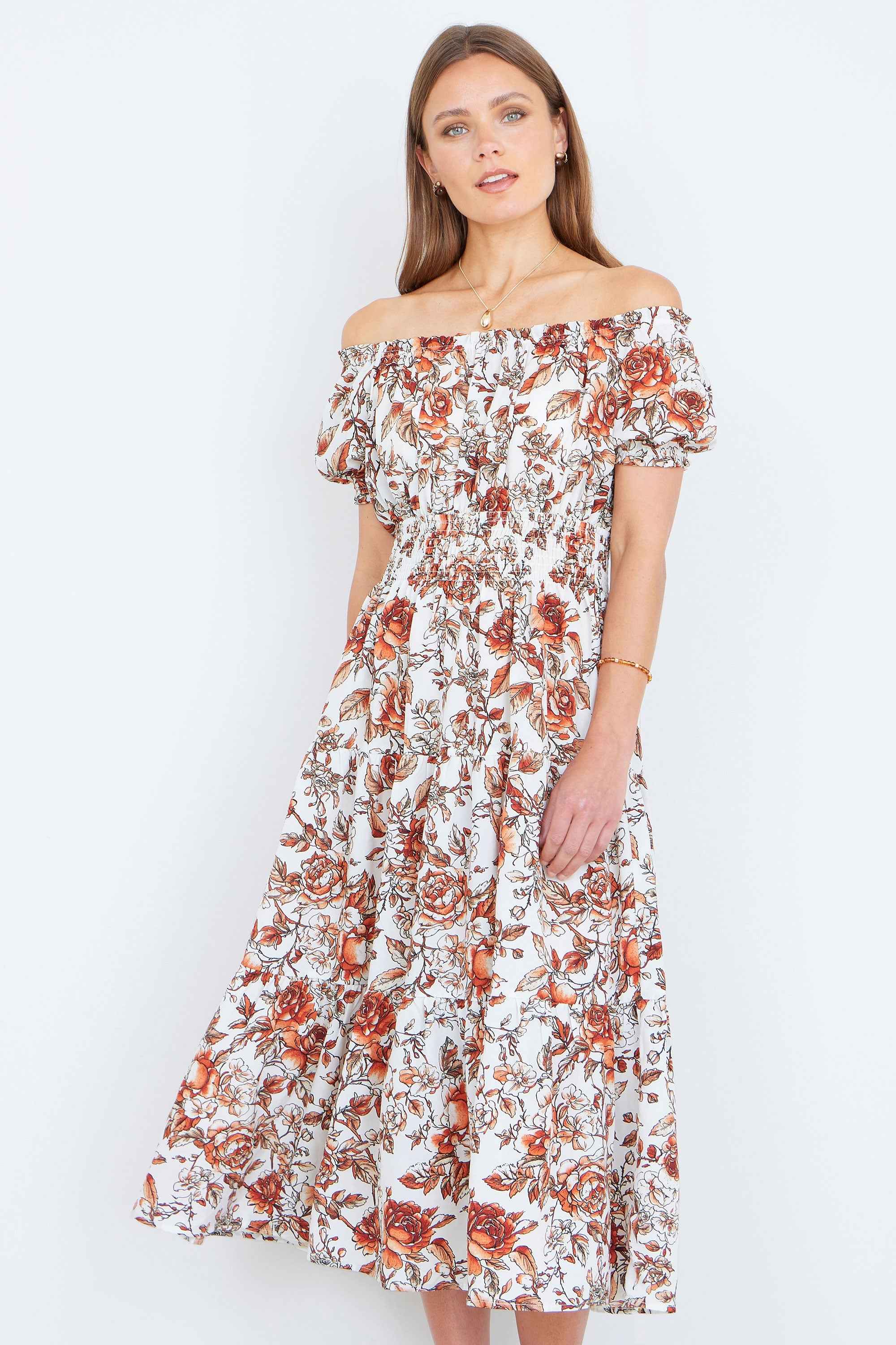 Yumi Orange Floral Ruched Waist Midi Dress