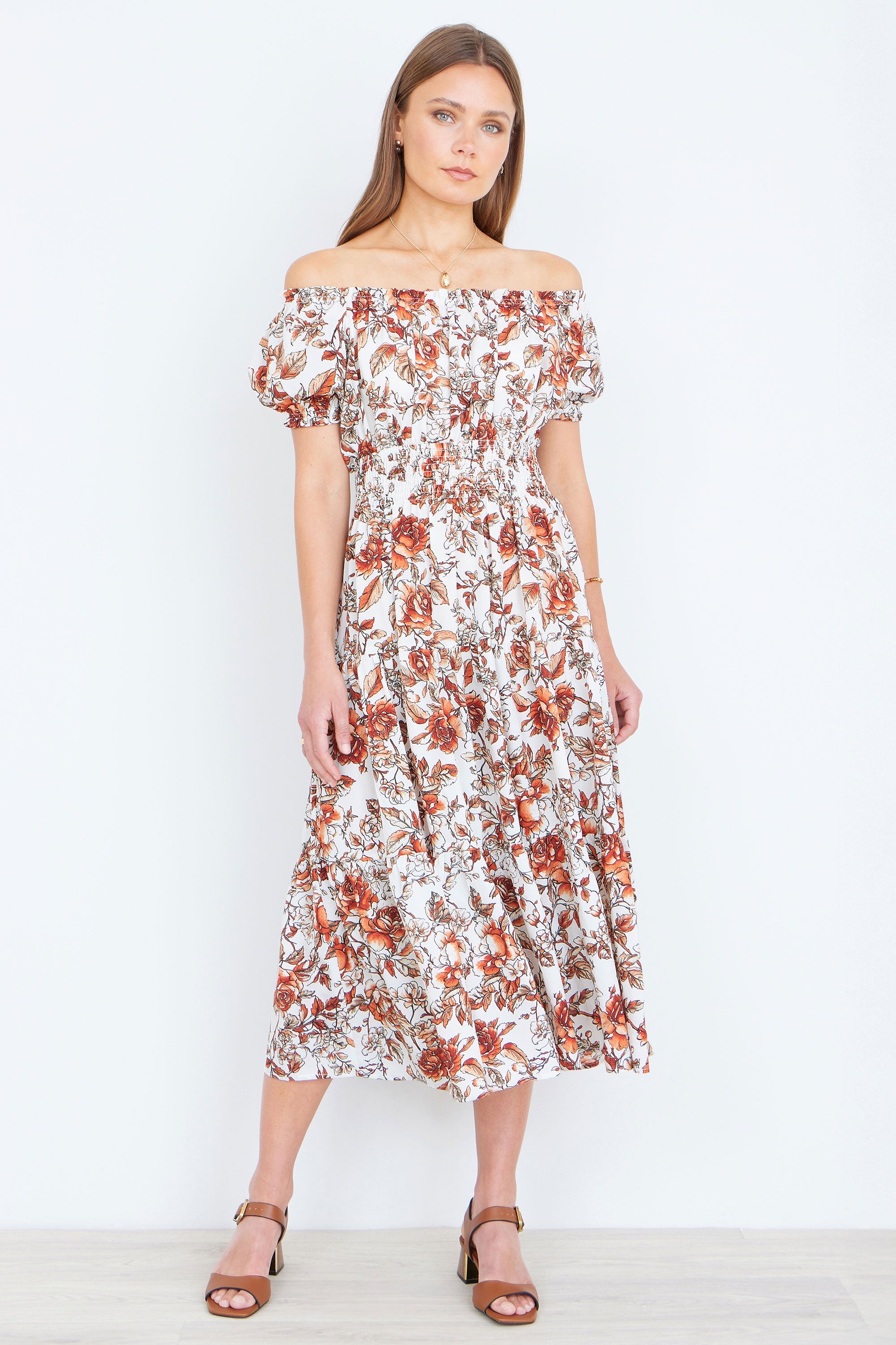 Yumi Orange Floral Ruched Waist Midi Dress