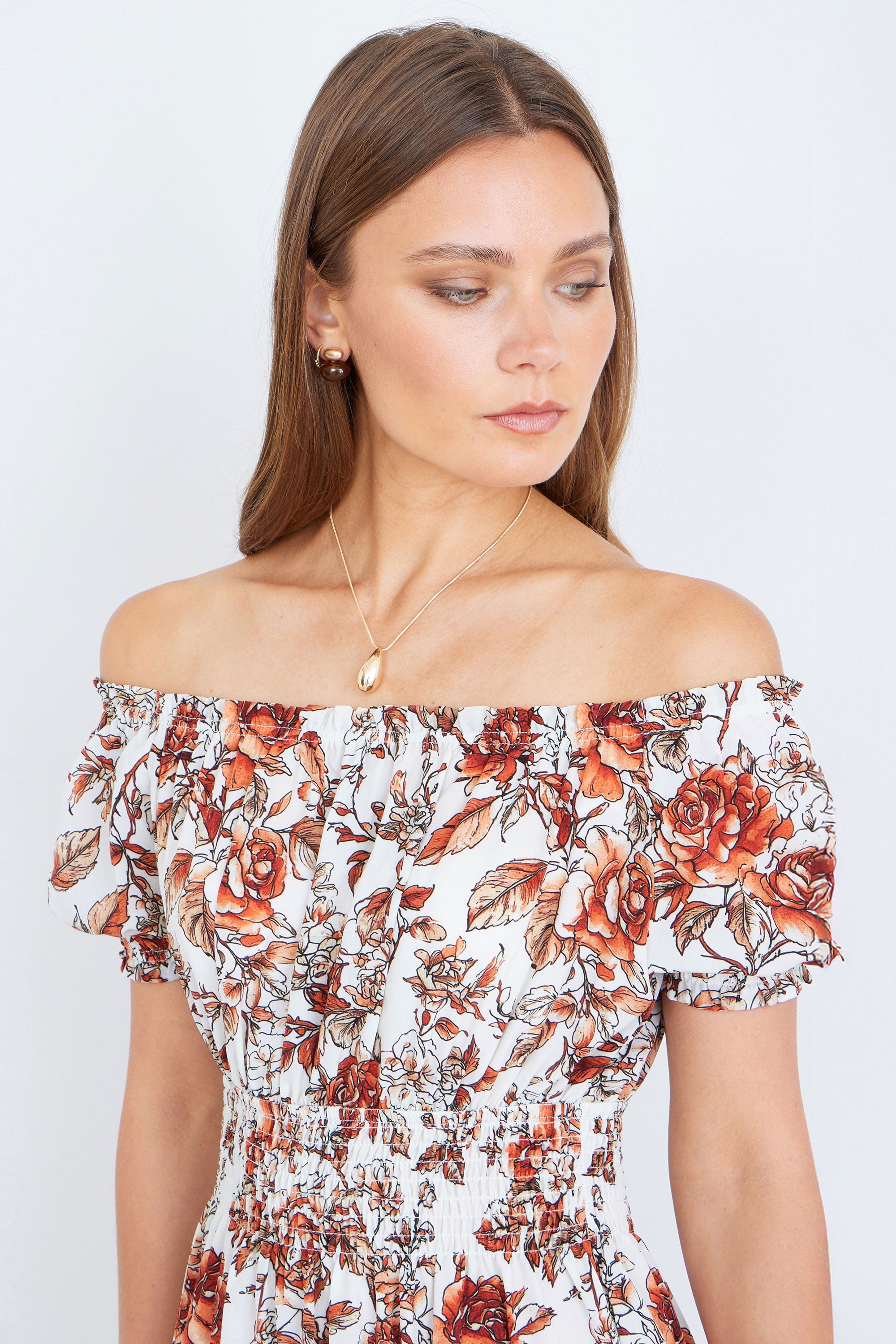 Yumi Orange Floral Ruched Waist Midi Dress