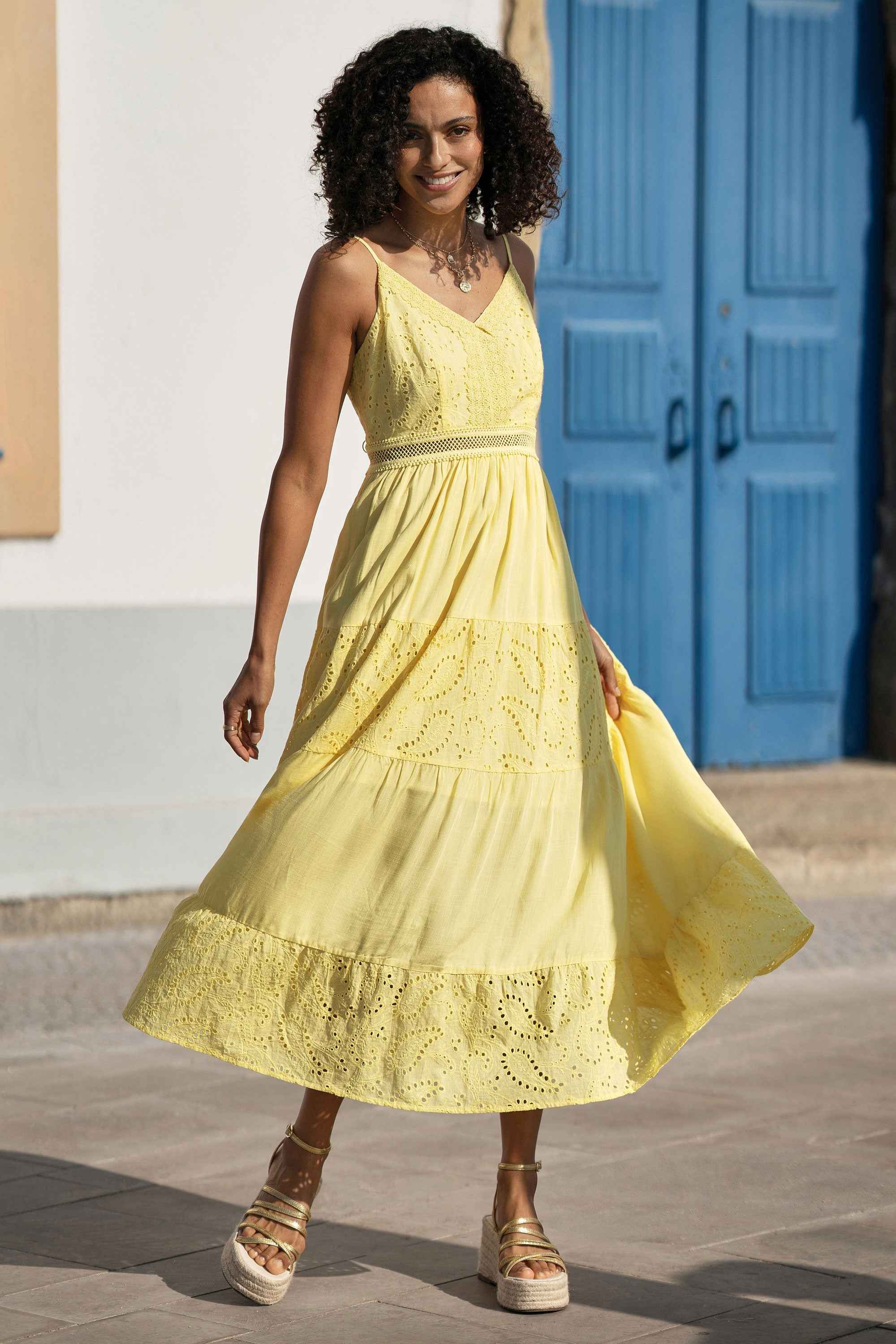 Yumi Butter Yellow Cotton Lace Trim Midi Dress