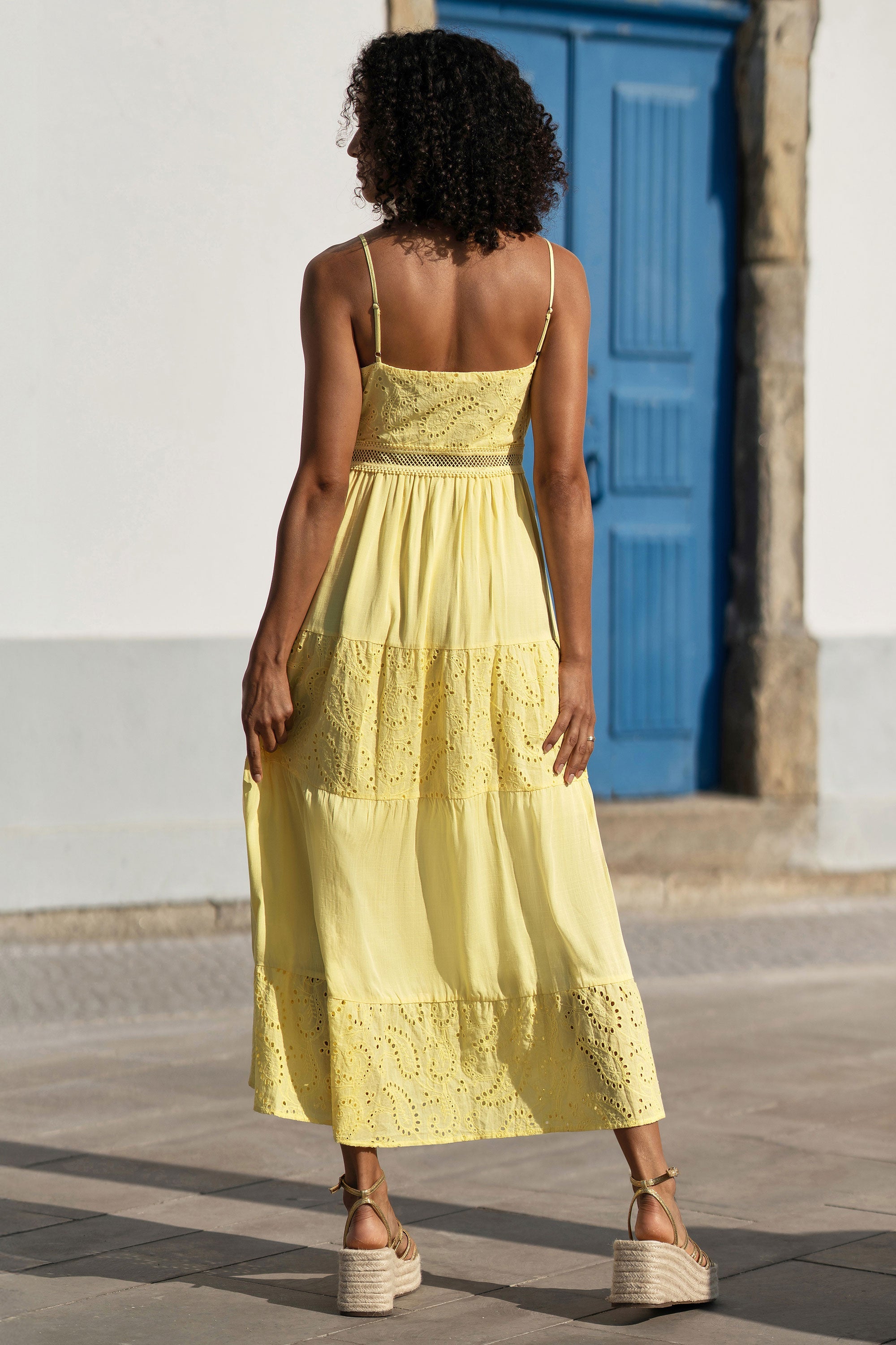 Yumi Butter Yellow Cotton Lace Trim Midi Dress