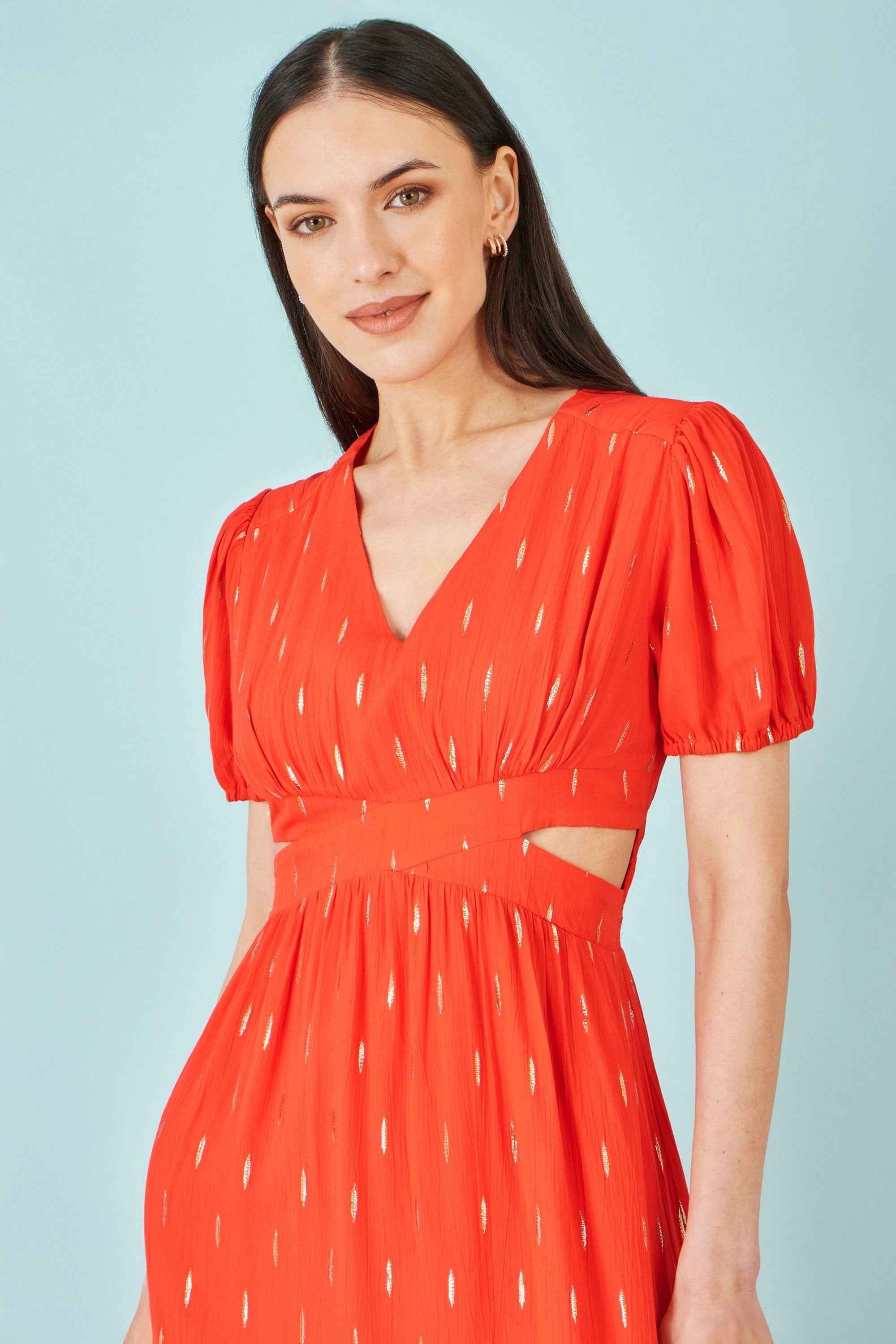 Yumi Orange Foil Print Viscose Cut Out Midi Dress