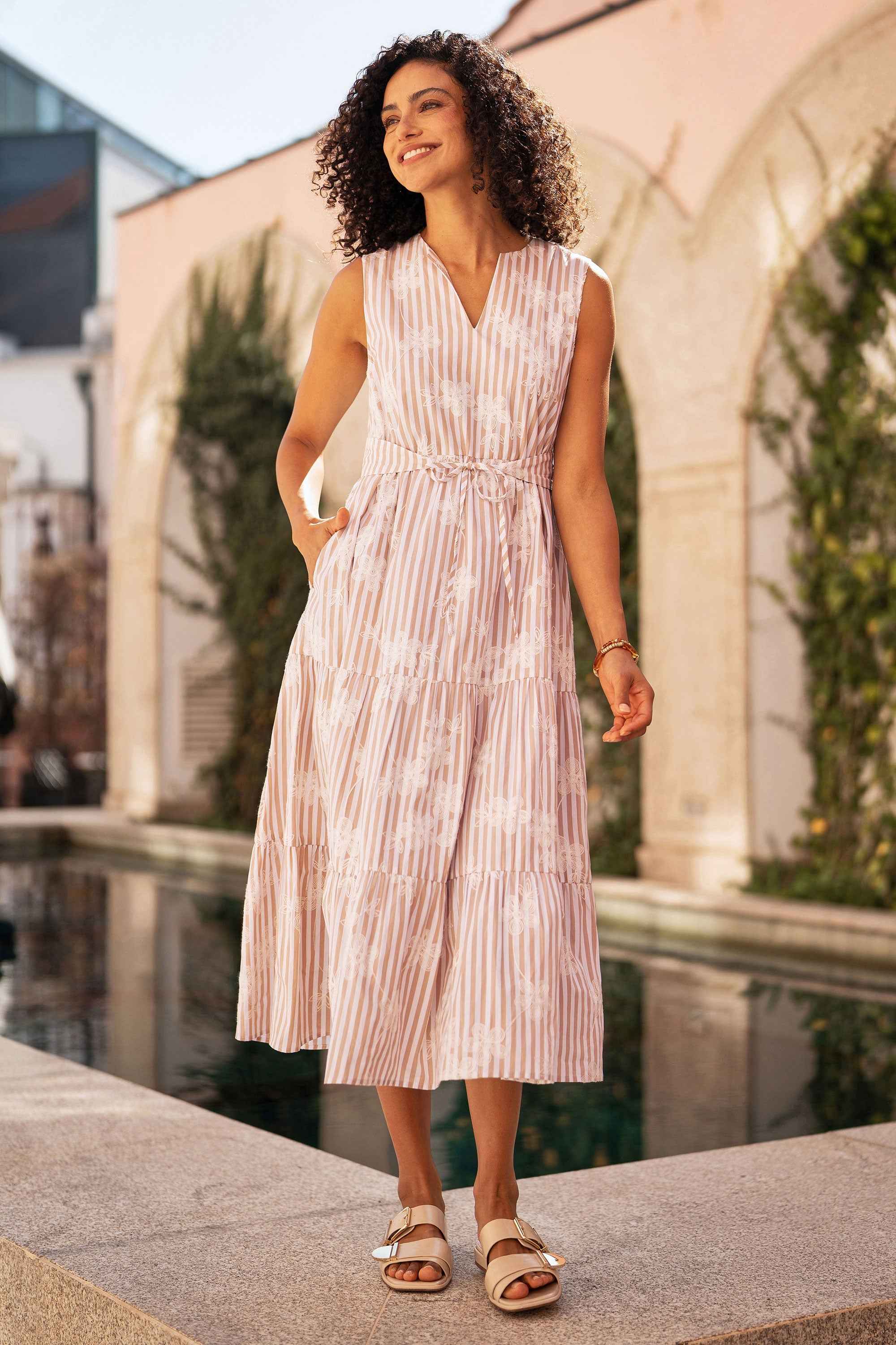 Yumi Brown Stripe With Embroidered Flower Cotton Dress