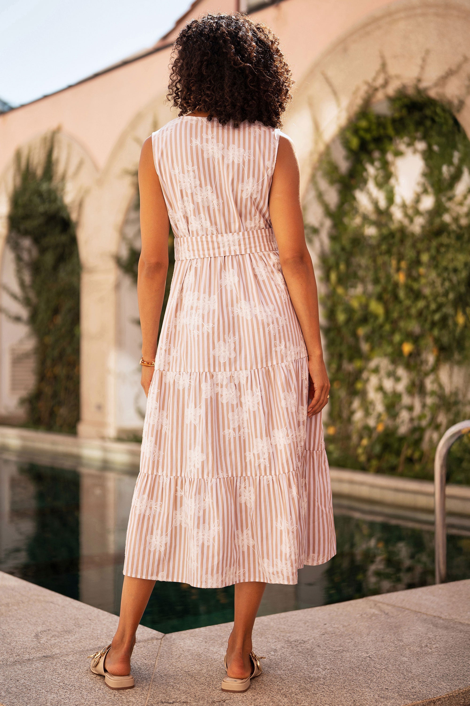 Yumi Brown Stripe With Embroidered Flower Cotton Dress