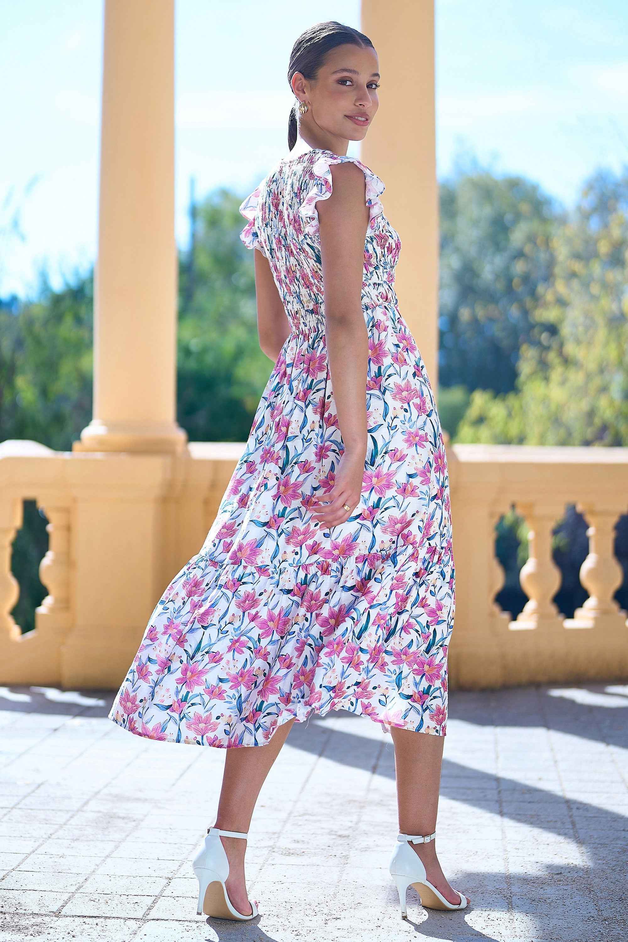 Yumi White Viscose Floral Ruched Waist Midi Dress