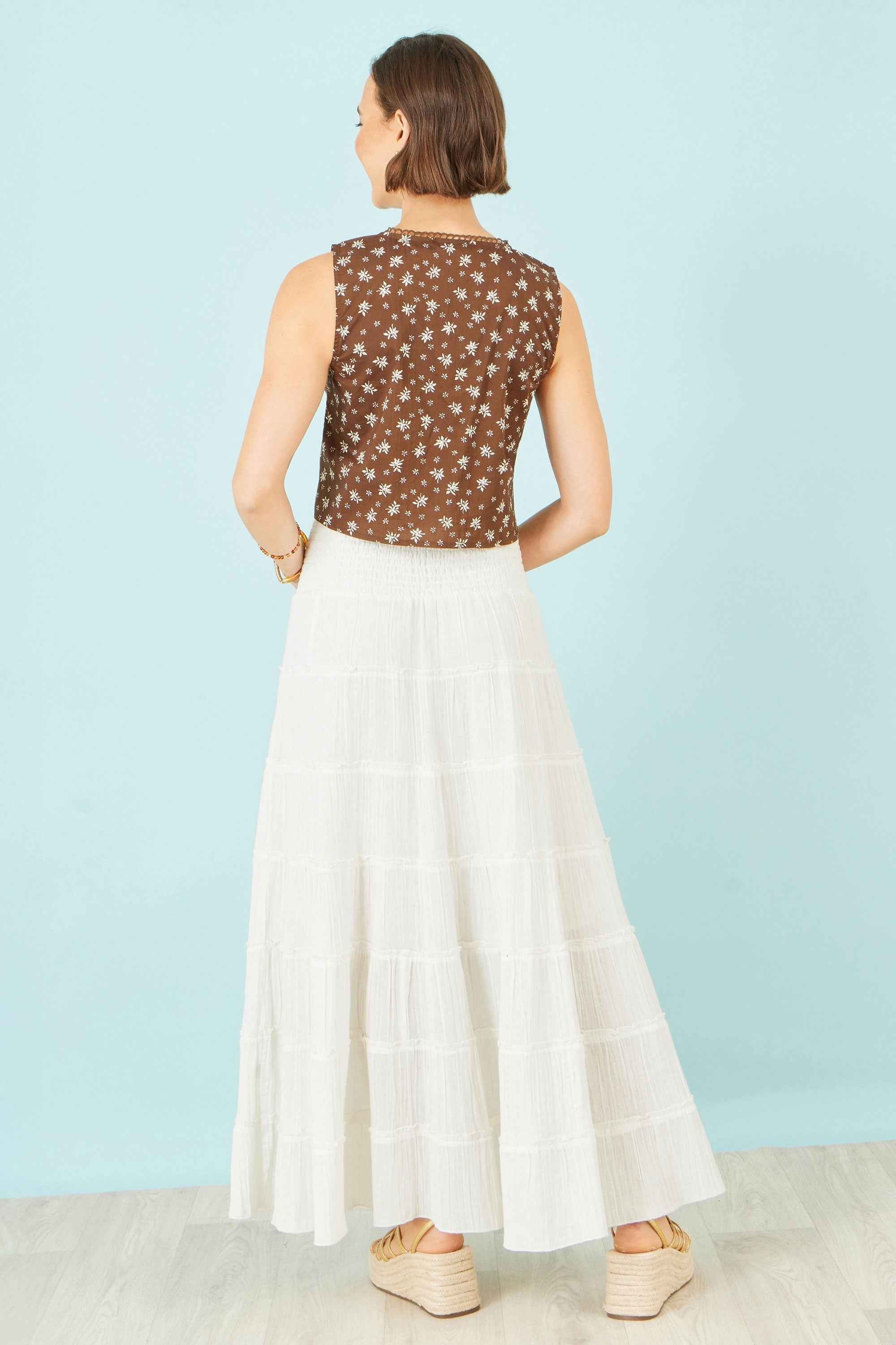 Yumi White Double Cotton Tiered Boho Maxi Skirt