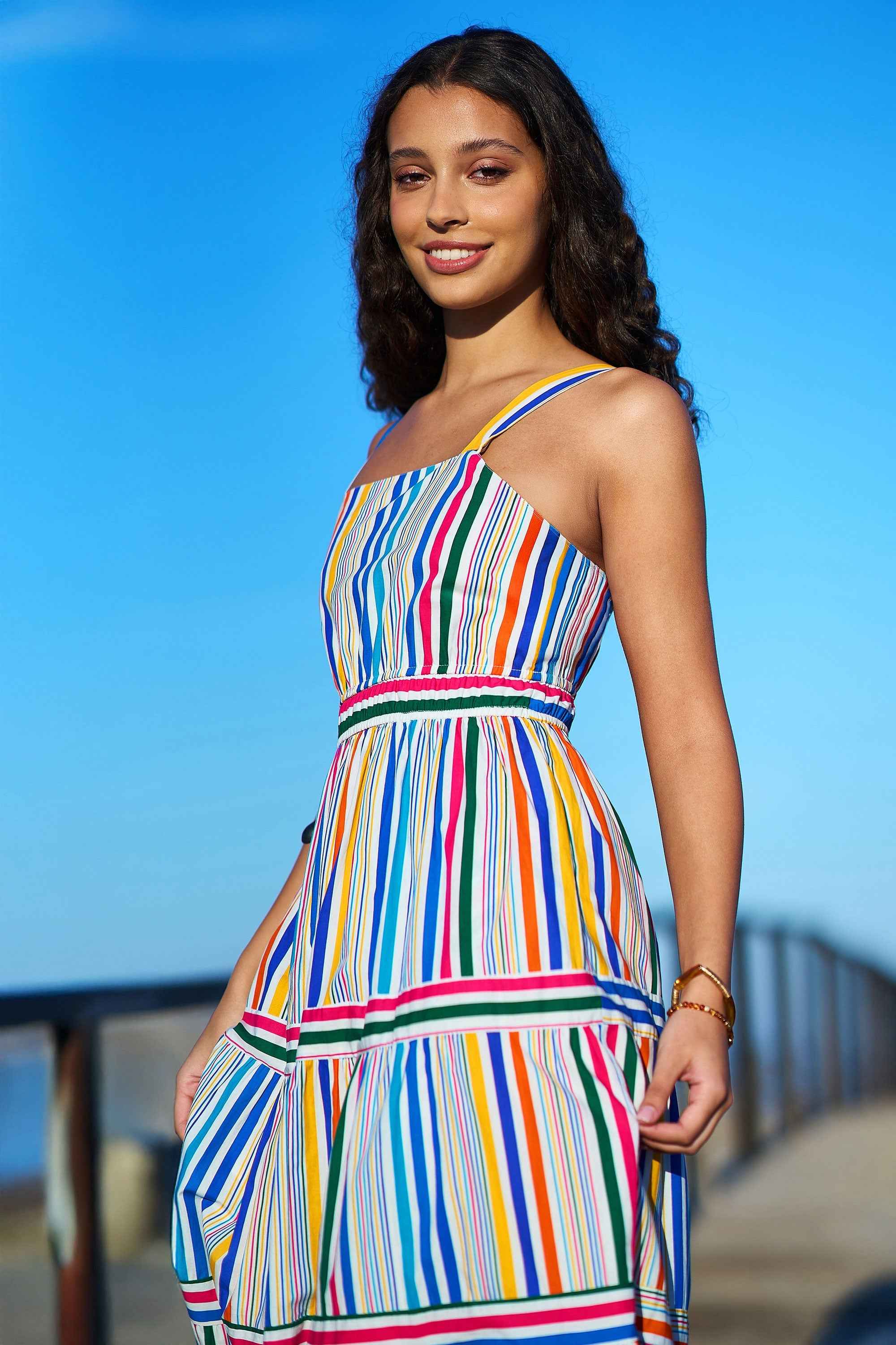 Yumi Multicolour Stripe Cotton Midi Sun Dress
