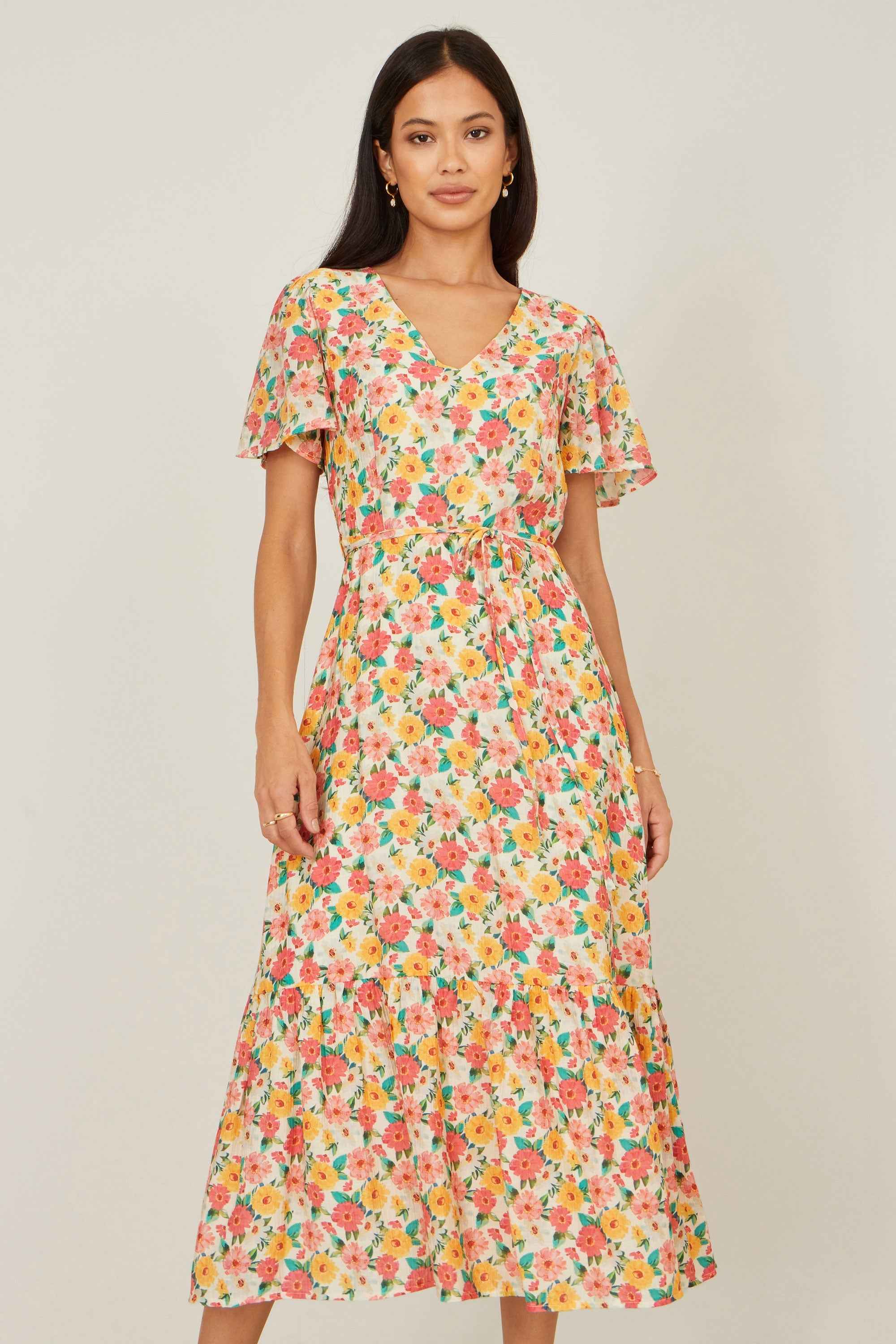 Yumi Multicolour Midi Tea Dress With Angel Sleeves