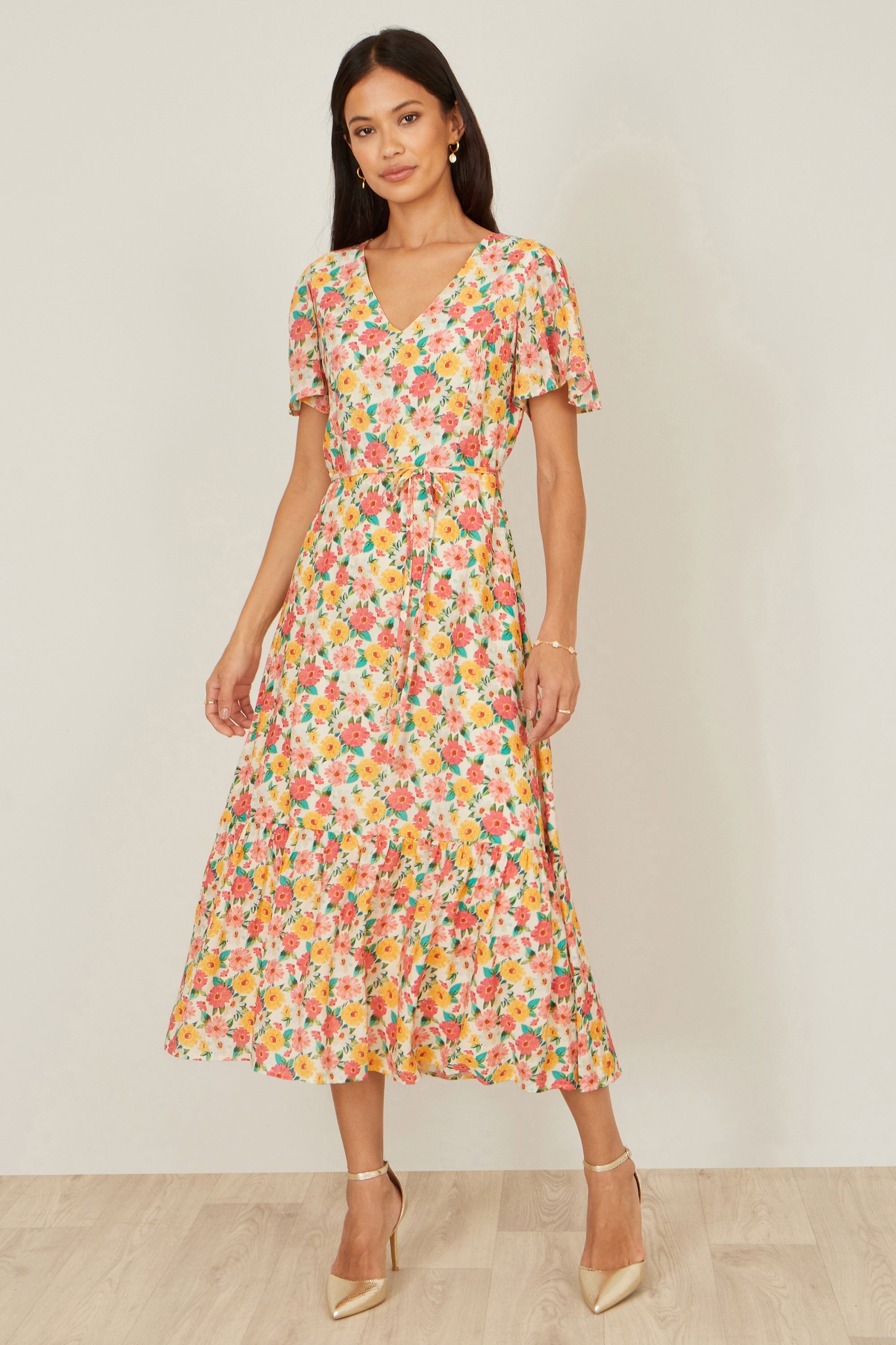 Yumi Multicolour Midi Tea Dress With Angel Sleeves