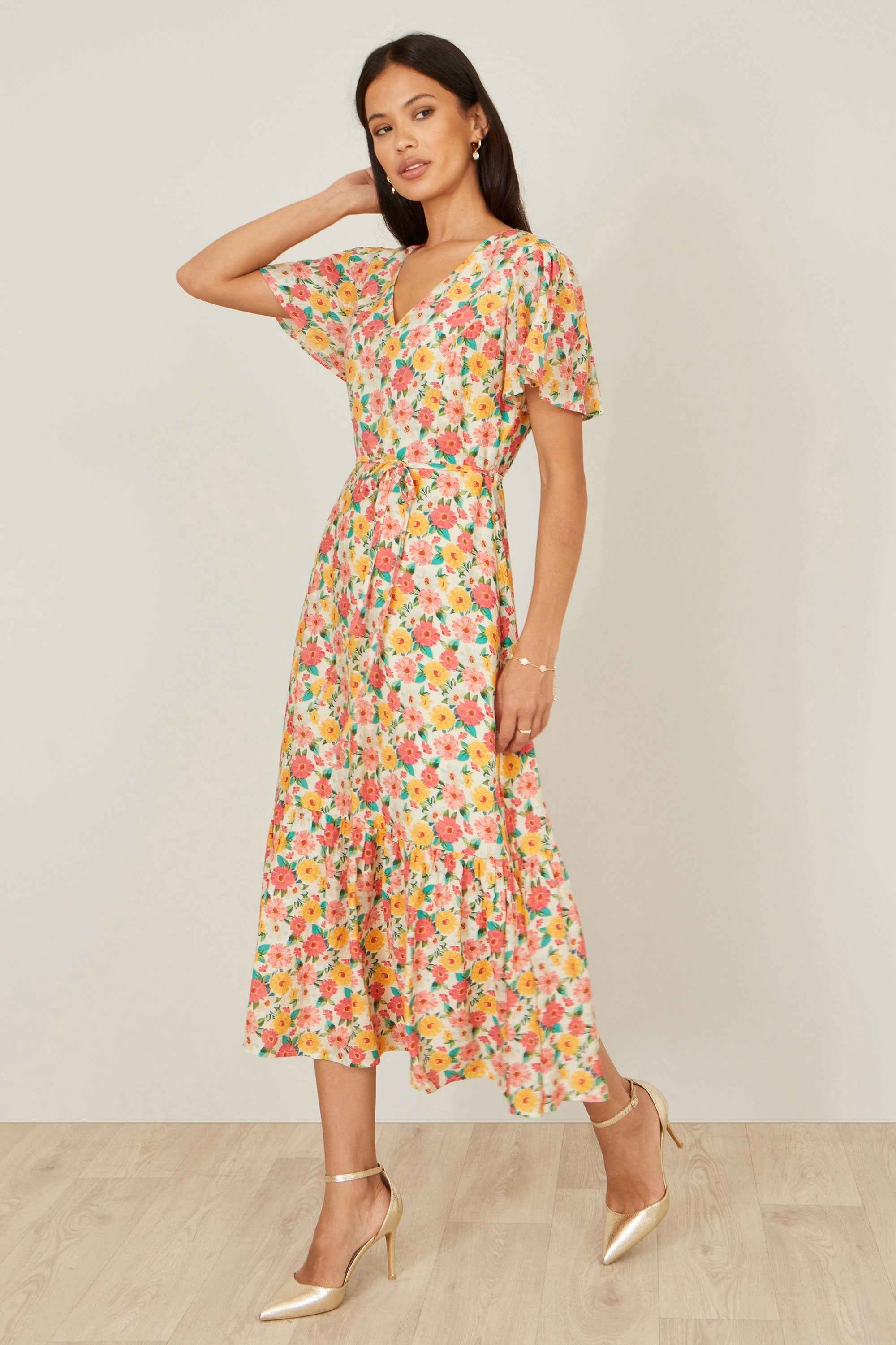Yumi Multicolour Midi Tea Dress With Angel Sleeves