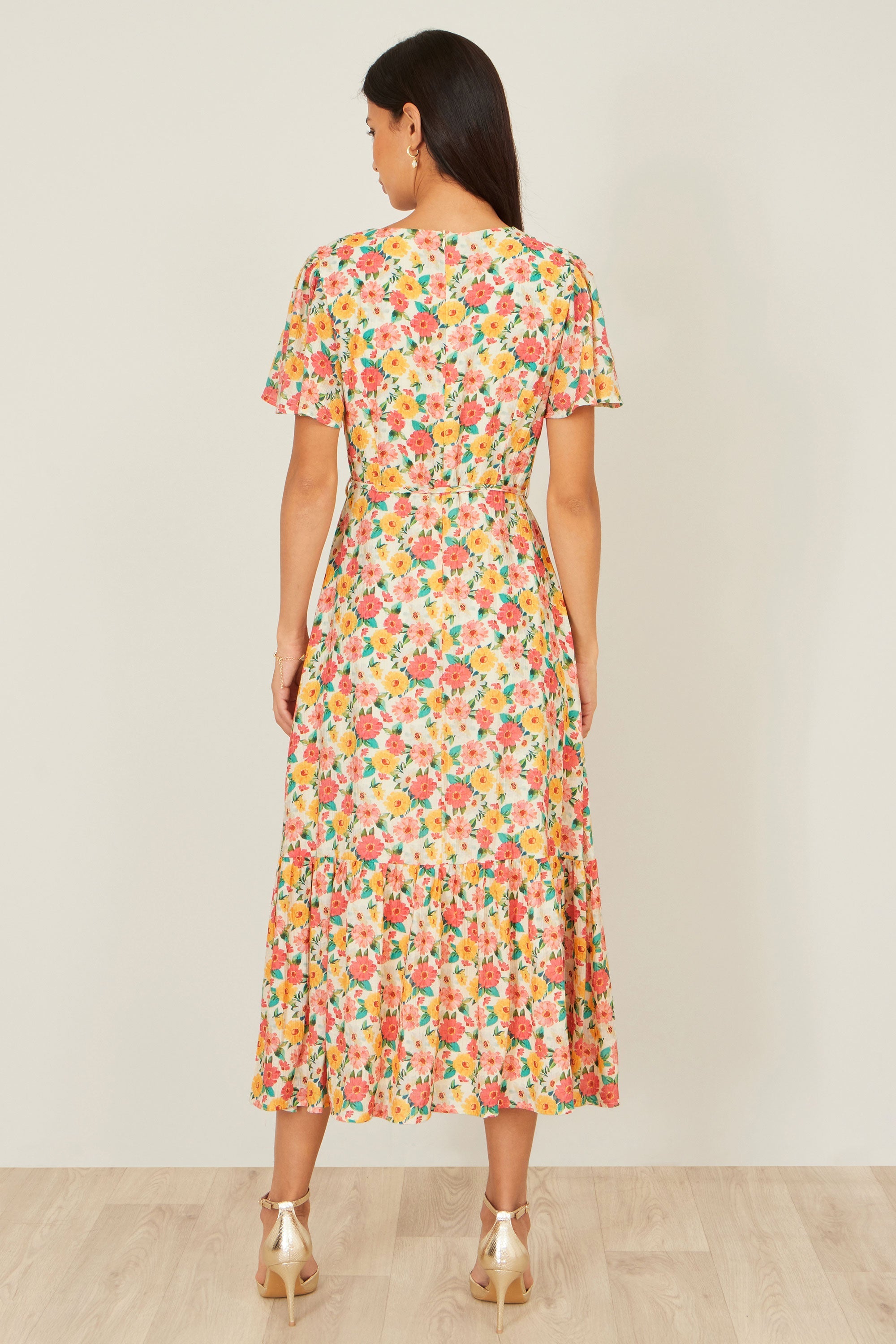 Yumi Multicolour Midi Tea Dress With Angel Sleeves