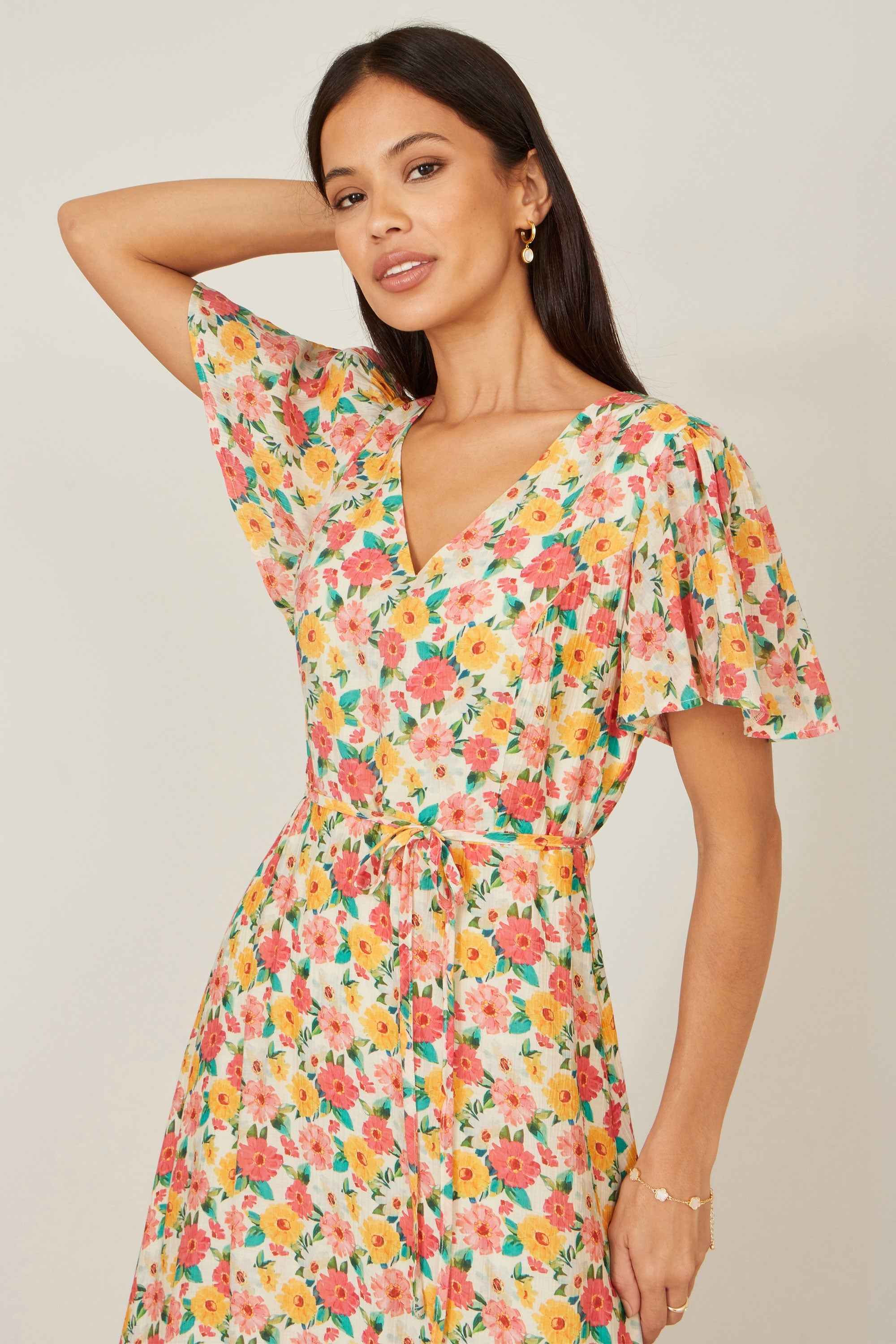 Yumi Multicolour Midi Tea Dress With Angel Sleeves