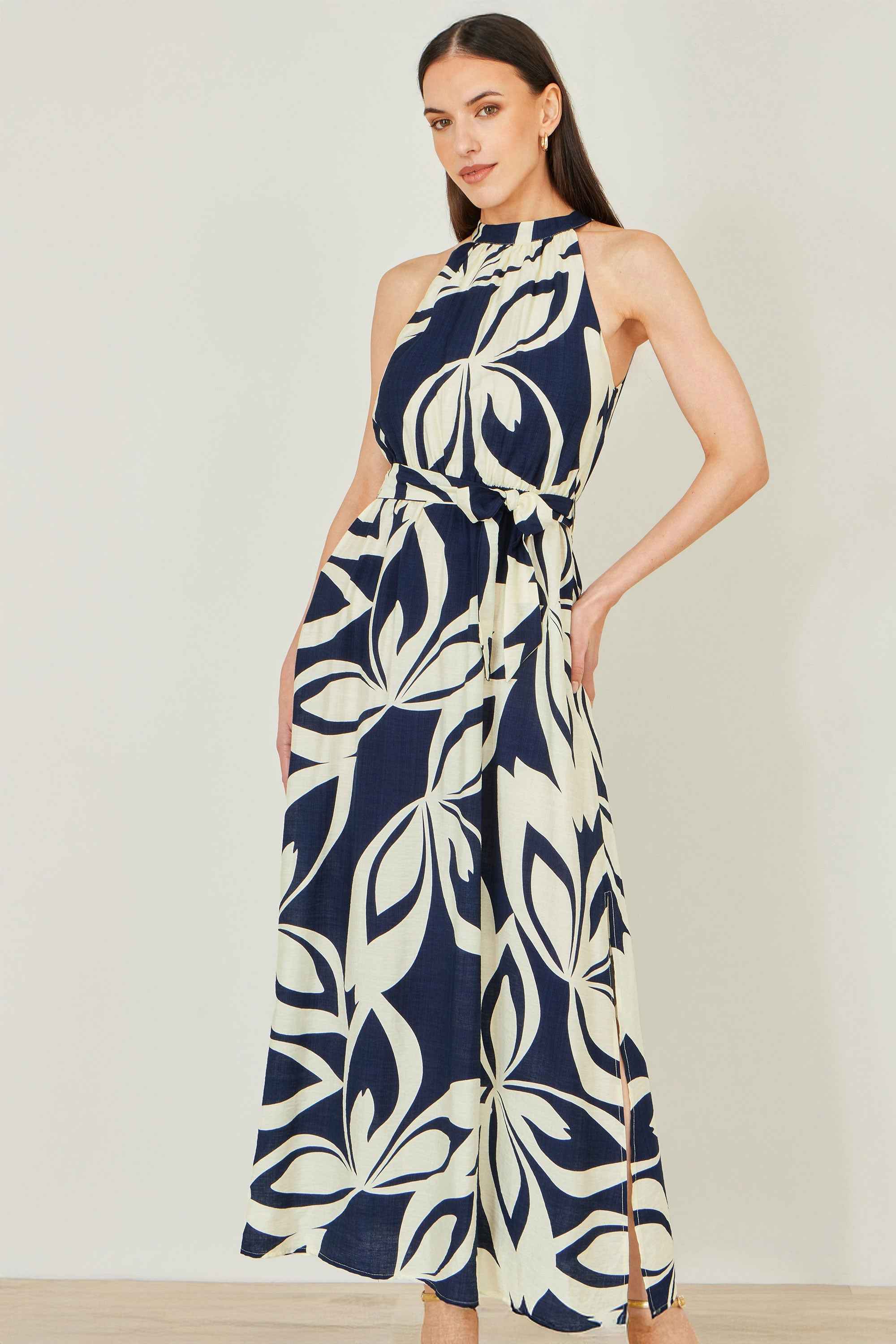 Yumi Navy Geo Swirl Print Halter Maxi Dress