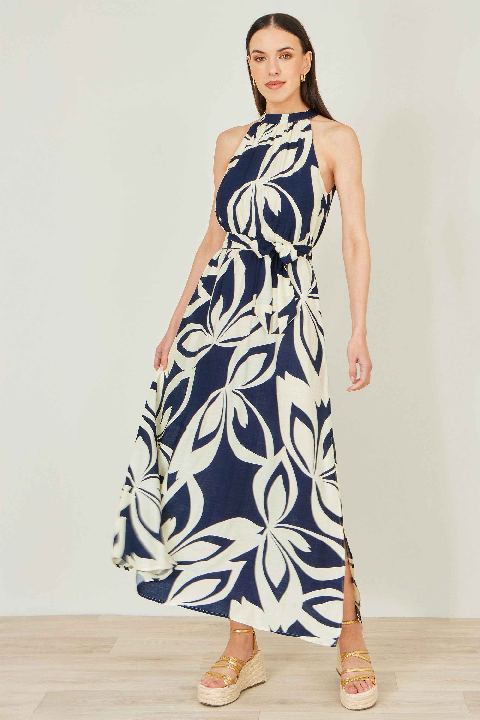 Yumi Navy Geo Swirl Print Halter Maxi Dress