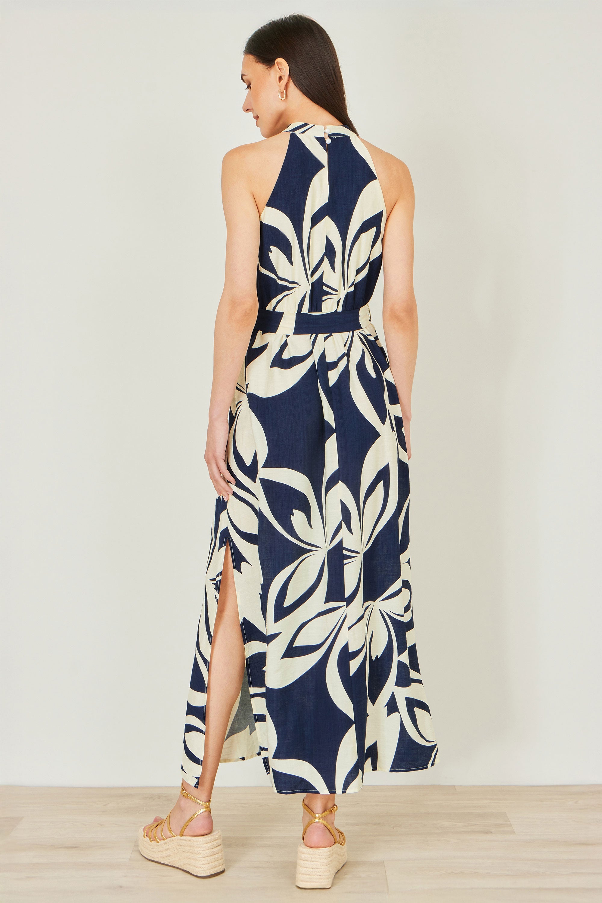 Yumi Navy Geo Swirl Print Halter Maxi Dress