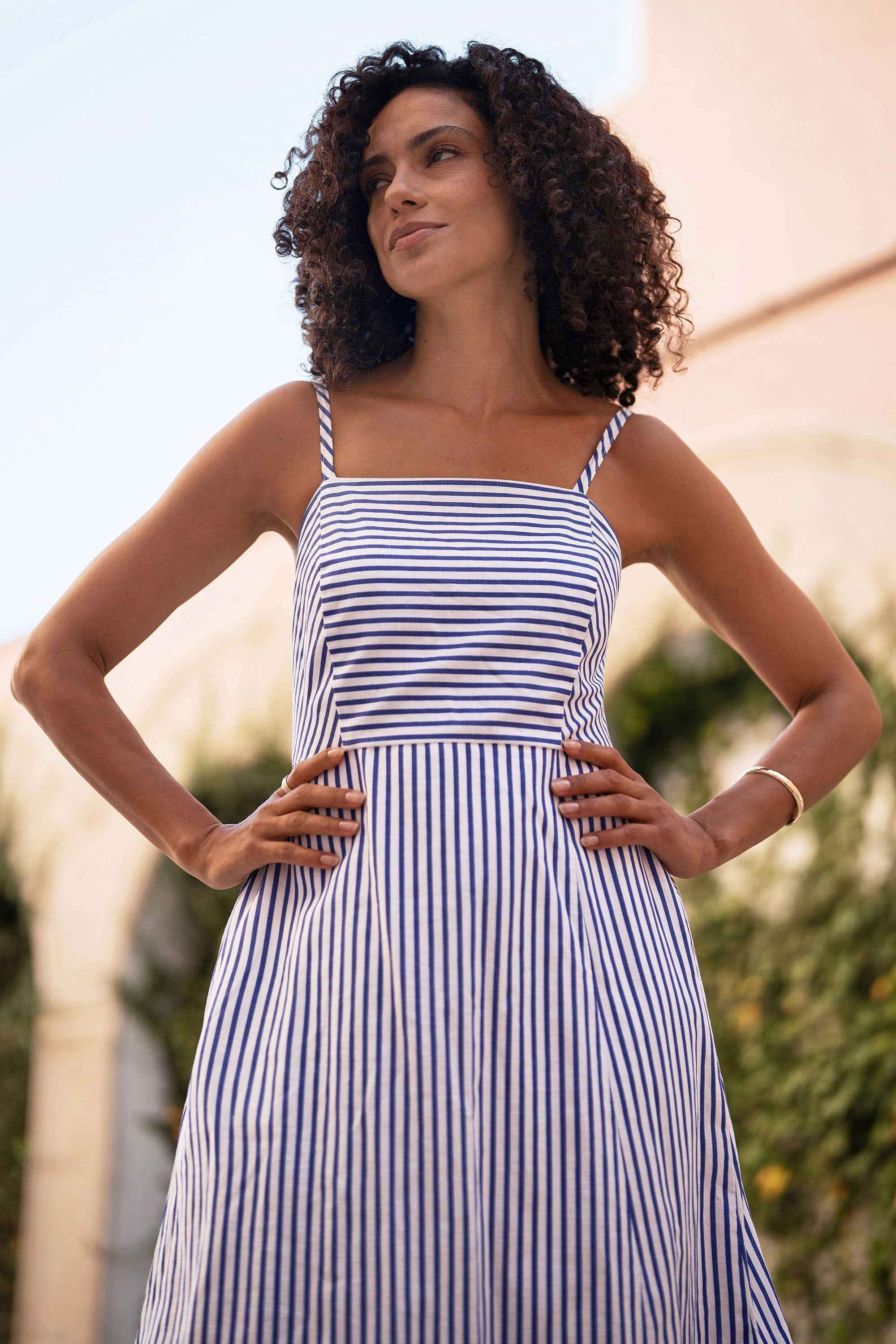 Yumi Blue Stripe Cotton Sun Dress With Ruched Back