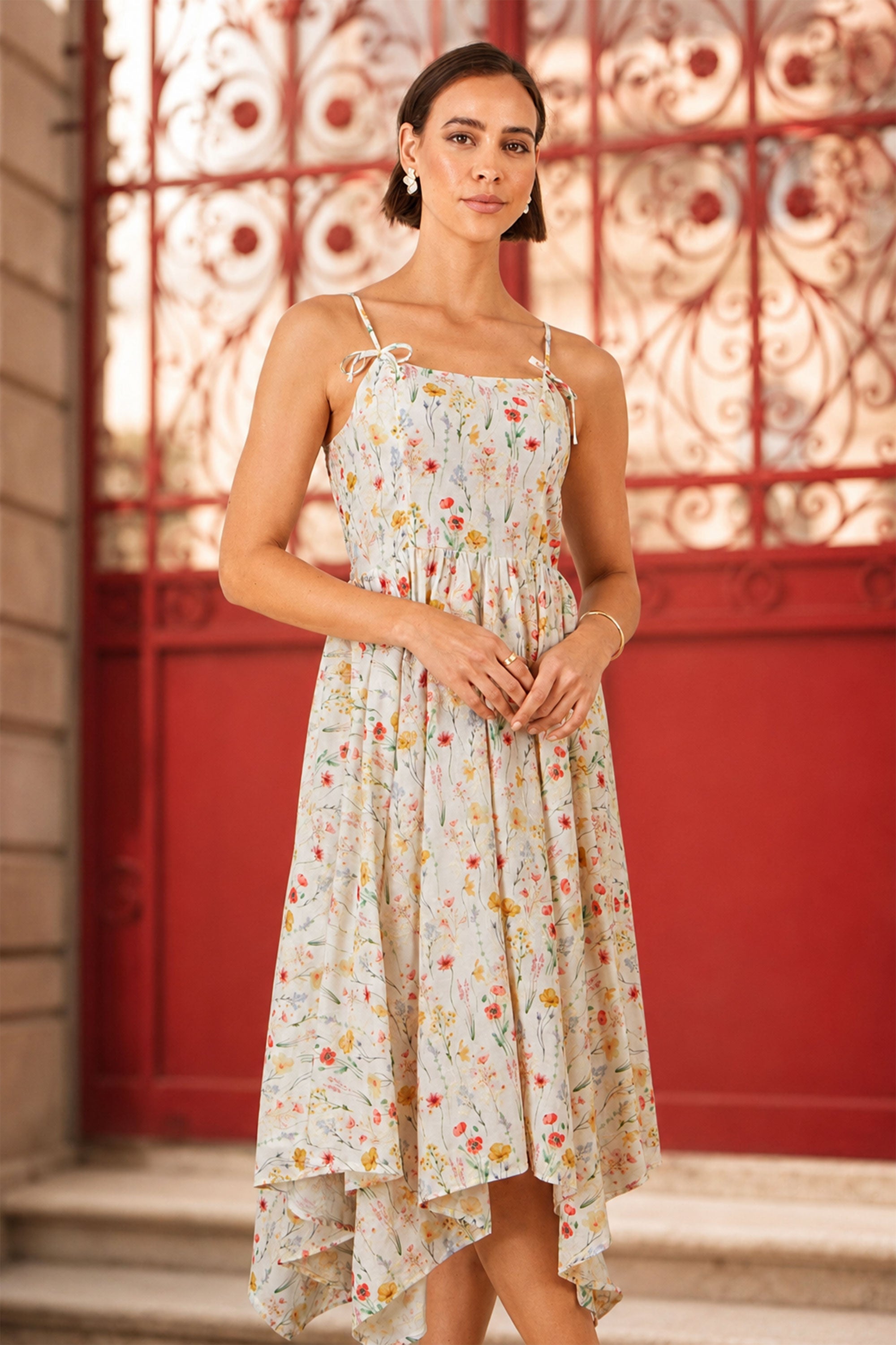 Yumi White Botanical Embroidery Fabric Handkerchief Hem Dress